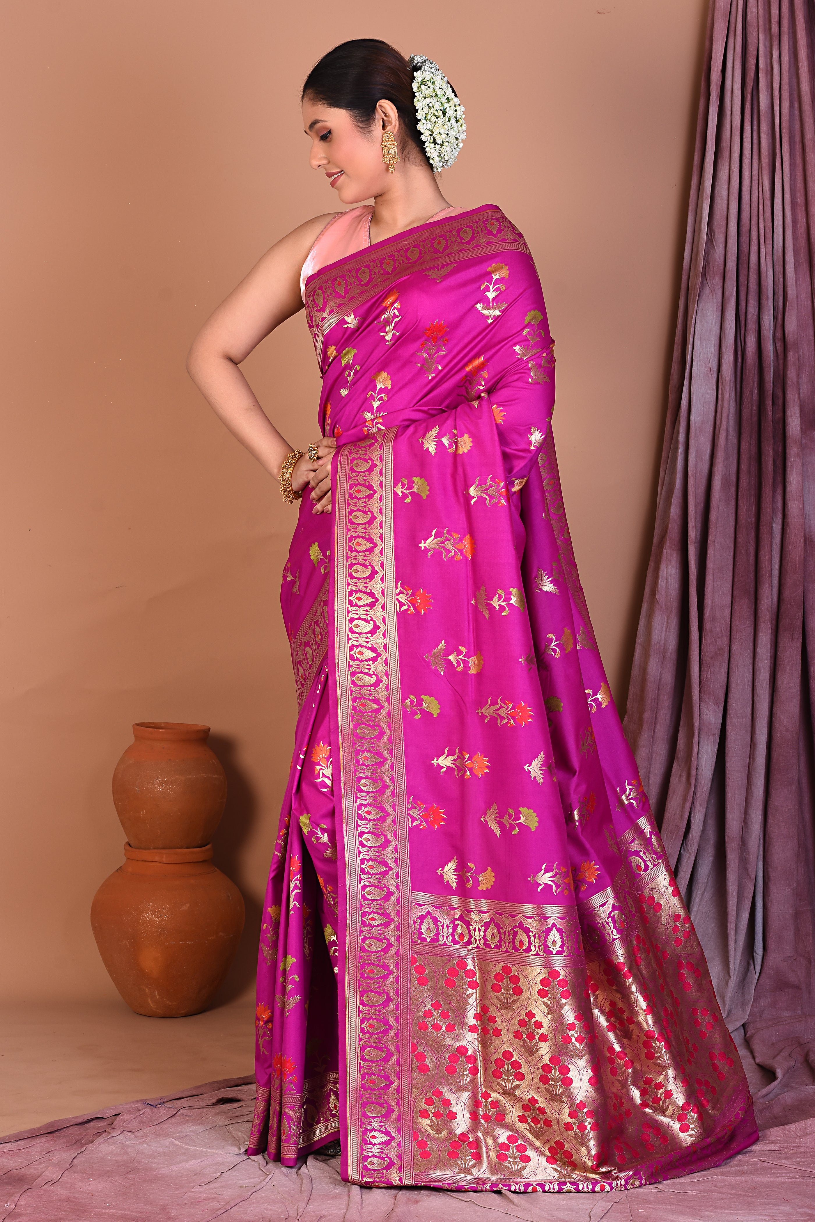 Magenta Blended Katan Saree with Golden Zari - Keya Seth Exclusive