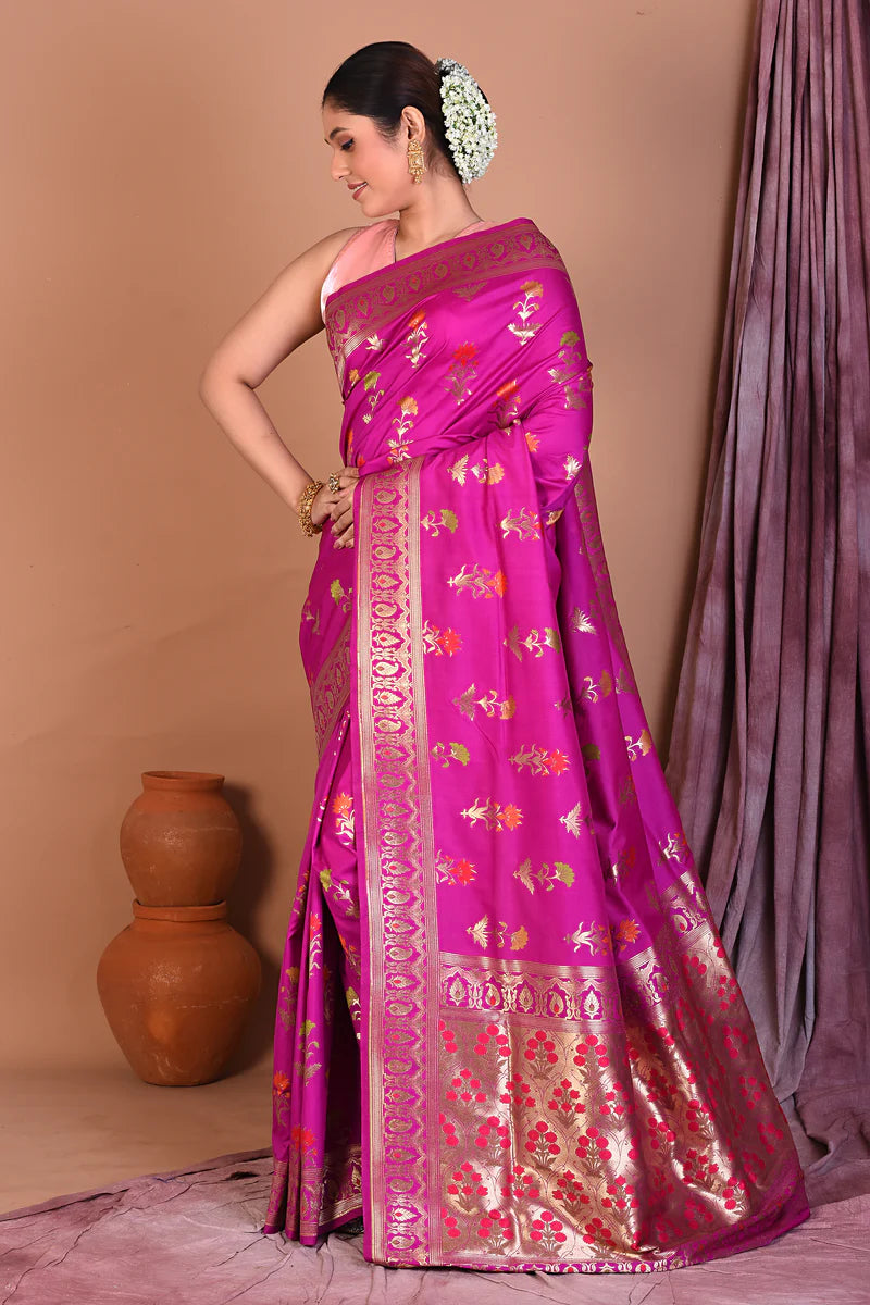 Magenta Blended Katan Saree with Golden Zari - Keya Seth Exclusive