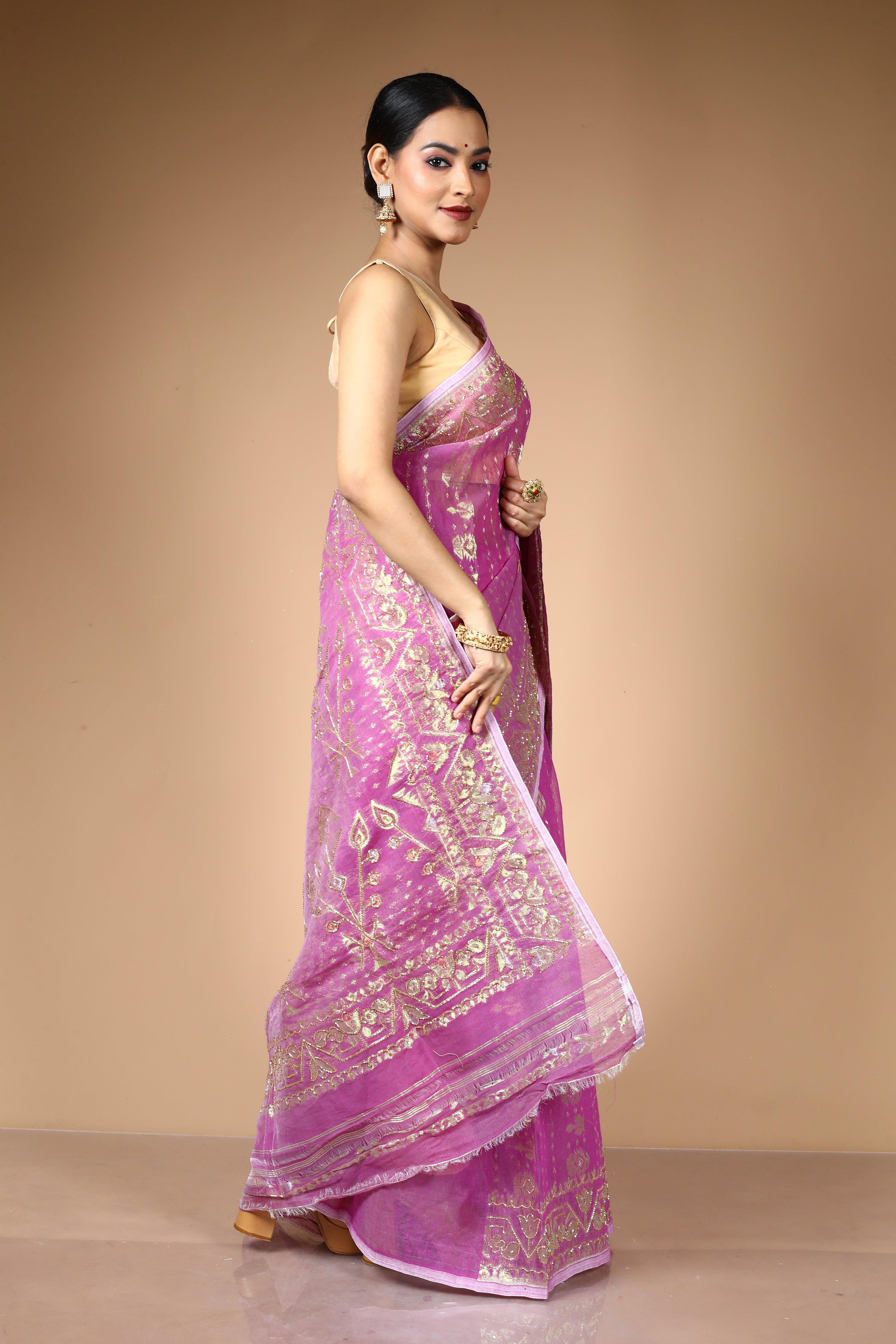 Light Purple Jamdani Saree with Cutdana Work