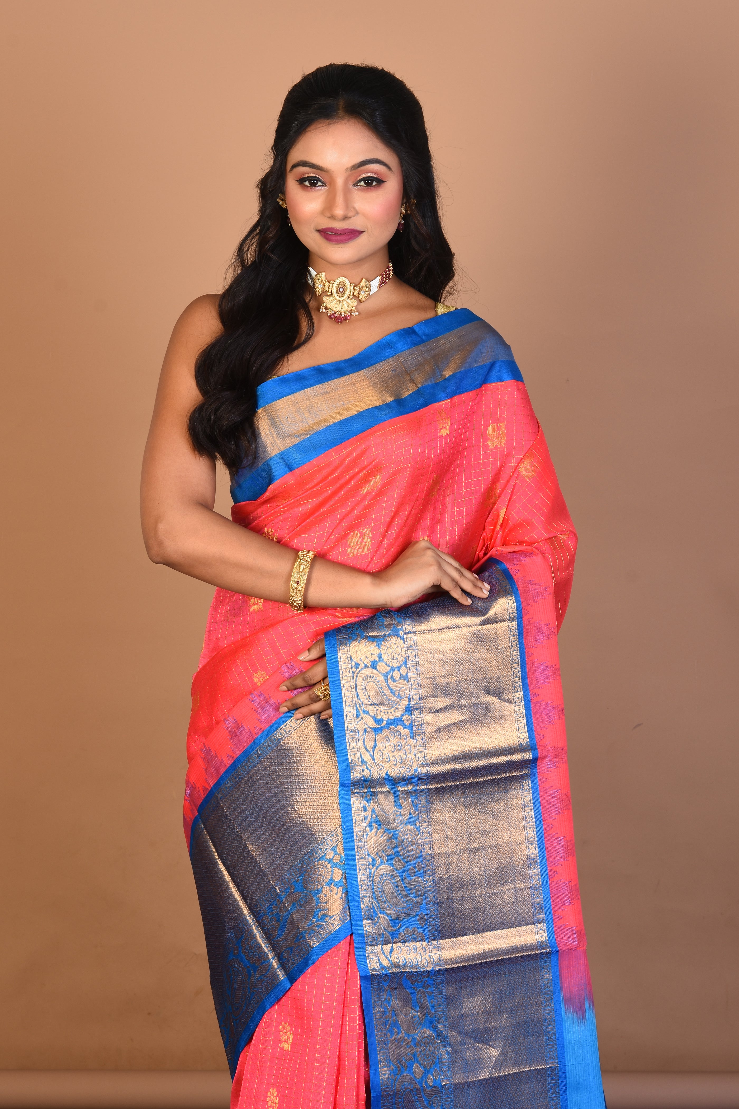 Peachy Pink Pure Silk Saree with Blouse Piece - Keya Seth Exclusive