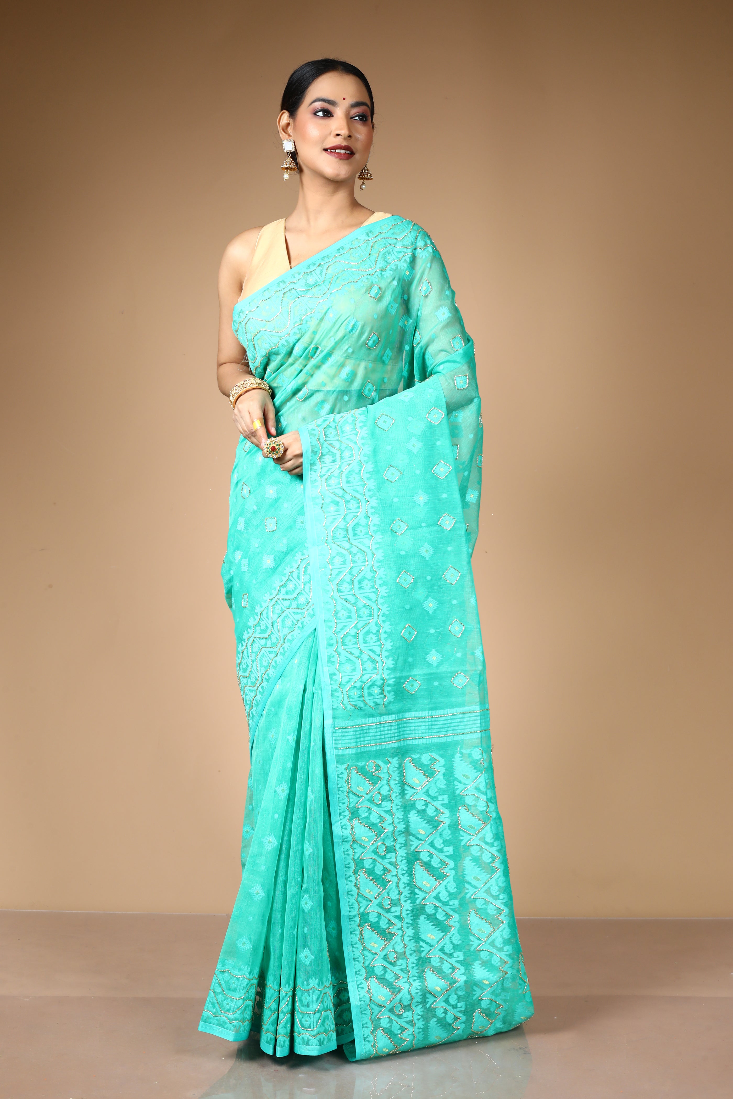 Sea Green Jamdani Saree with Cutdana Work