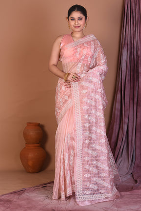 Peach Blended Organza Saree with Threadwork - Keya Seth Exclusive