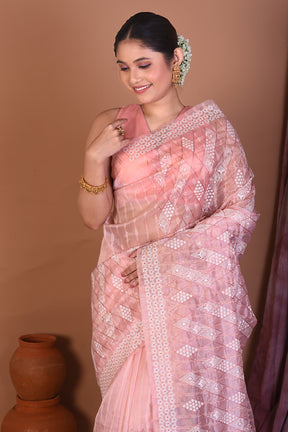 Peach Blended Organza Saree with Threadwork - Keya Seth Exclusive