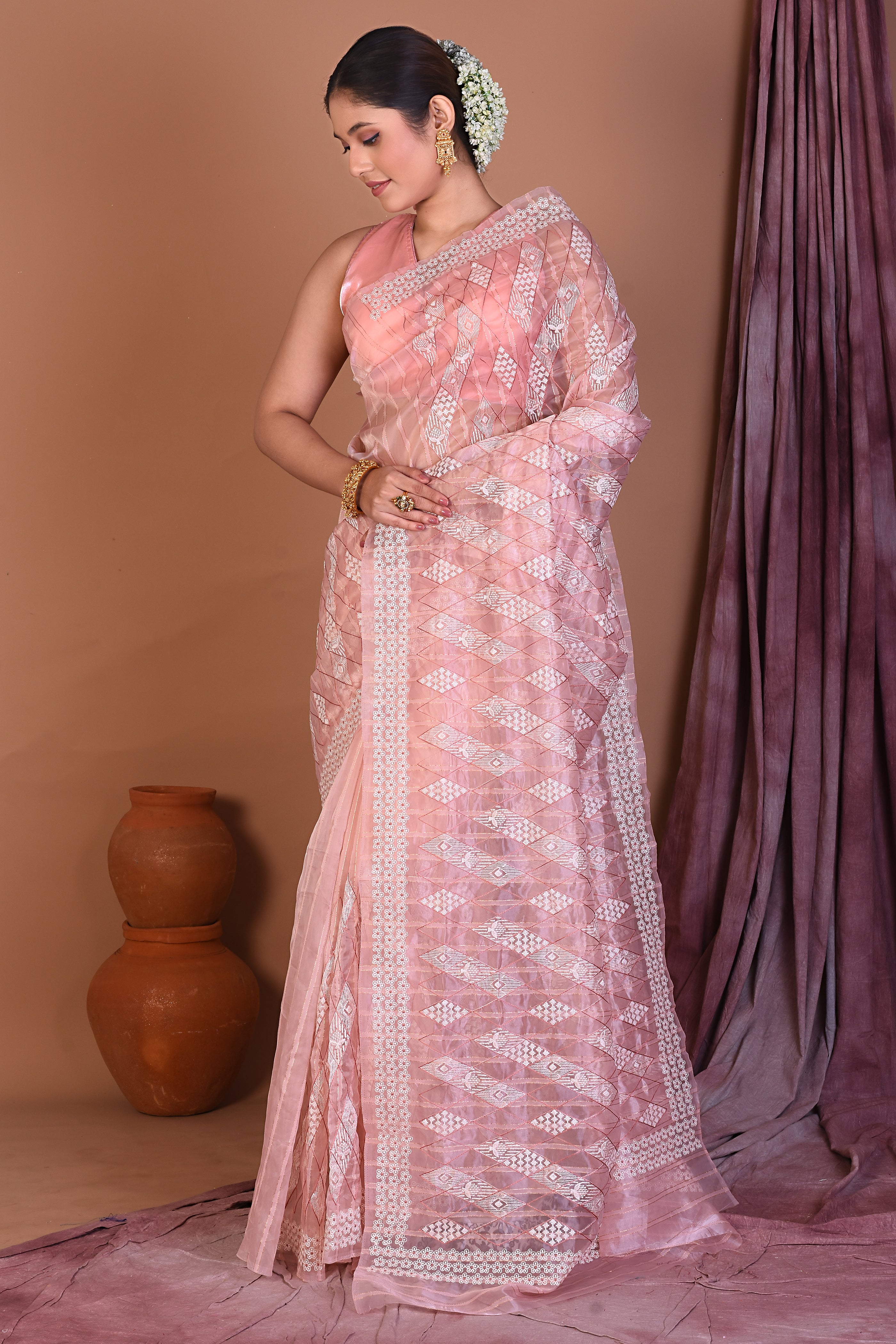 Peach Blended Organza Saree with Threadwork - Keya Seth Exclusive