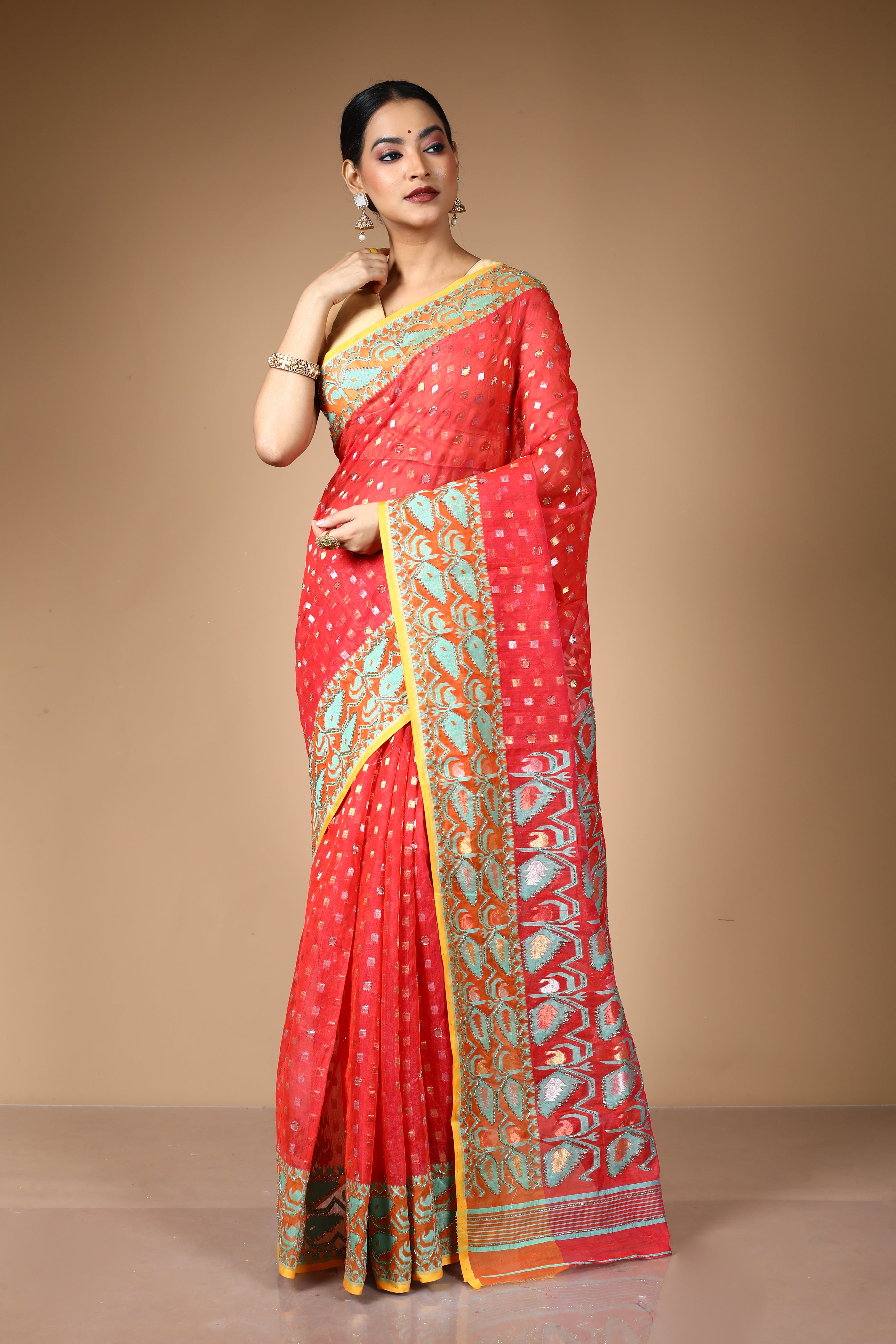 Red Jamdani Saree with Cutdana Work