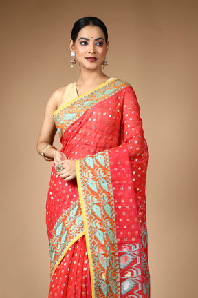 Red Jamdani Saree with Cutdana Work