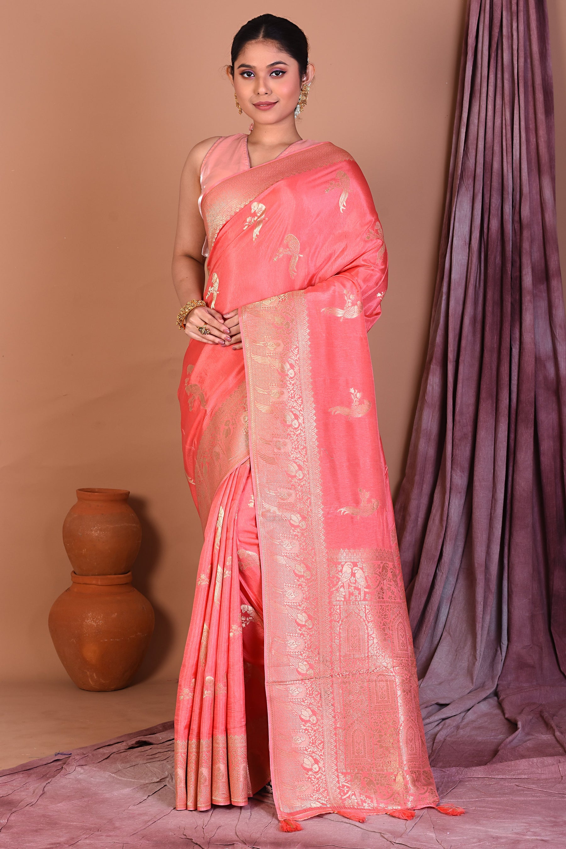 Peach Blended Kora Saree with Golden Zari - Keya Seth Exclusive