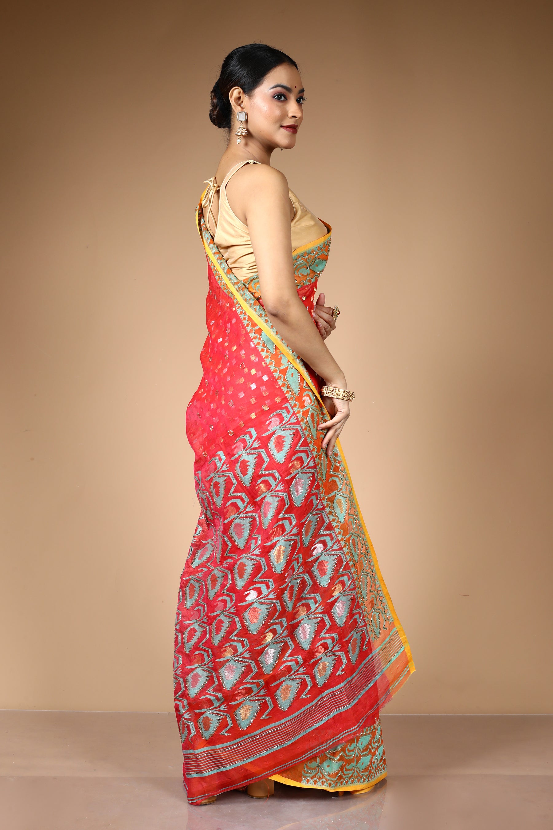Red Jamdani Saree with Cutdana Work