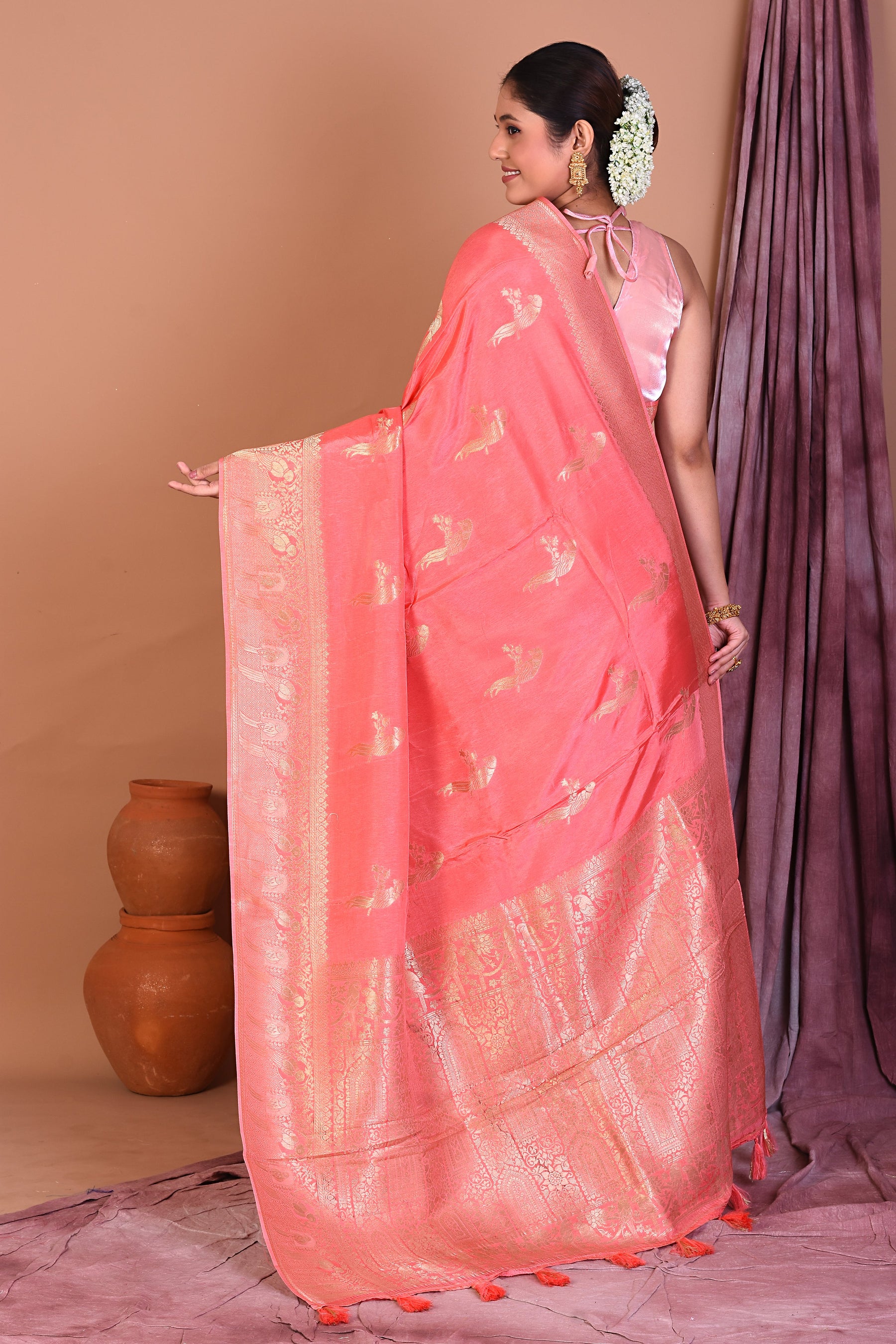 Peach Blended Kora Saree with Golden Zari - Keya Seth Exclusive