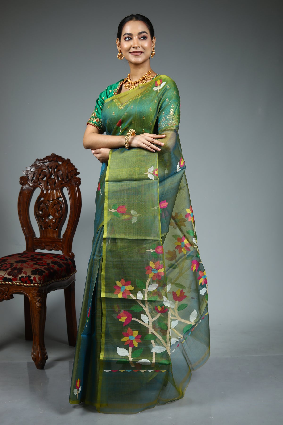 Olive Green Muslin Saree