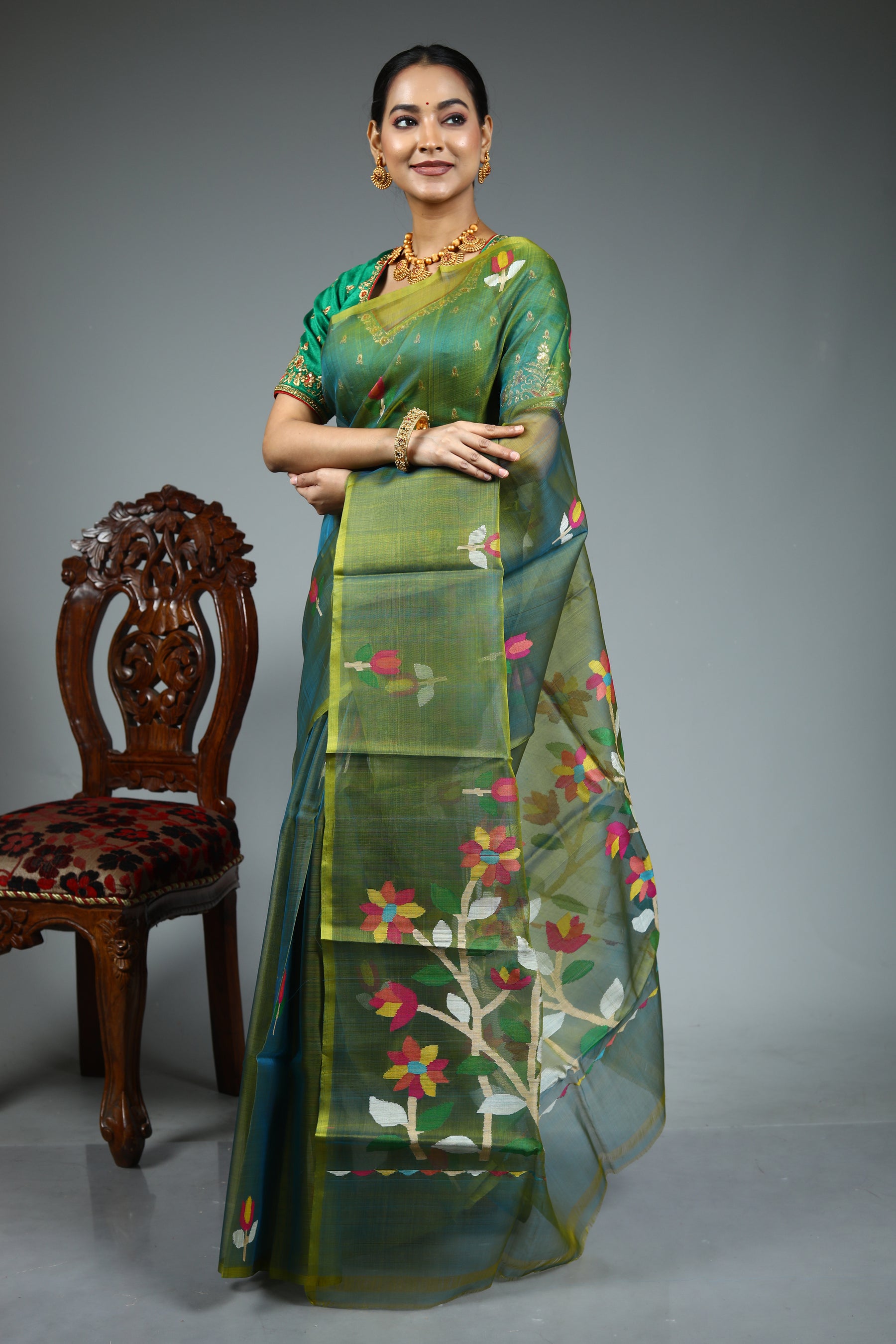 Olive Green Muslin Saree
