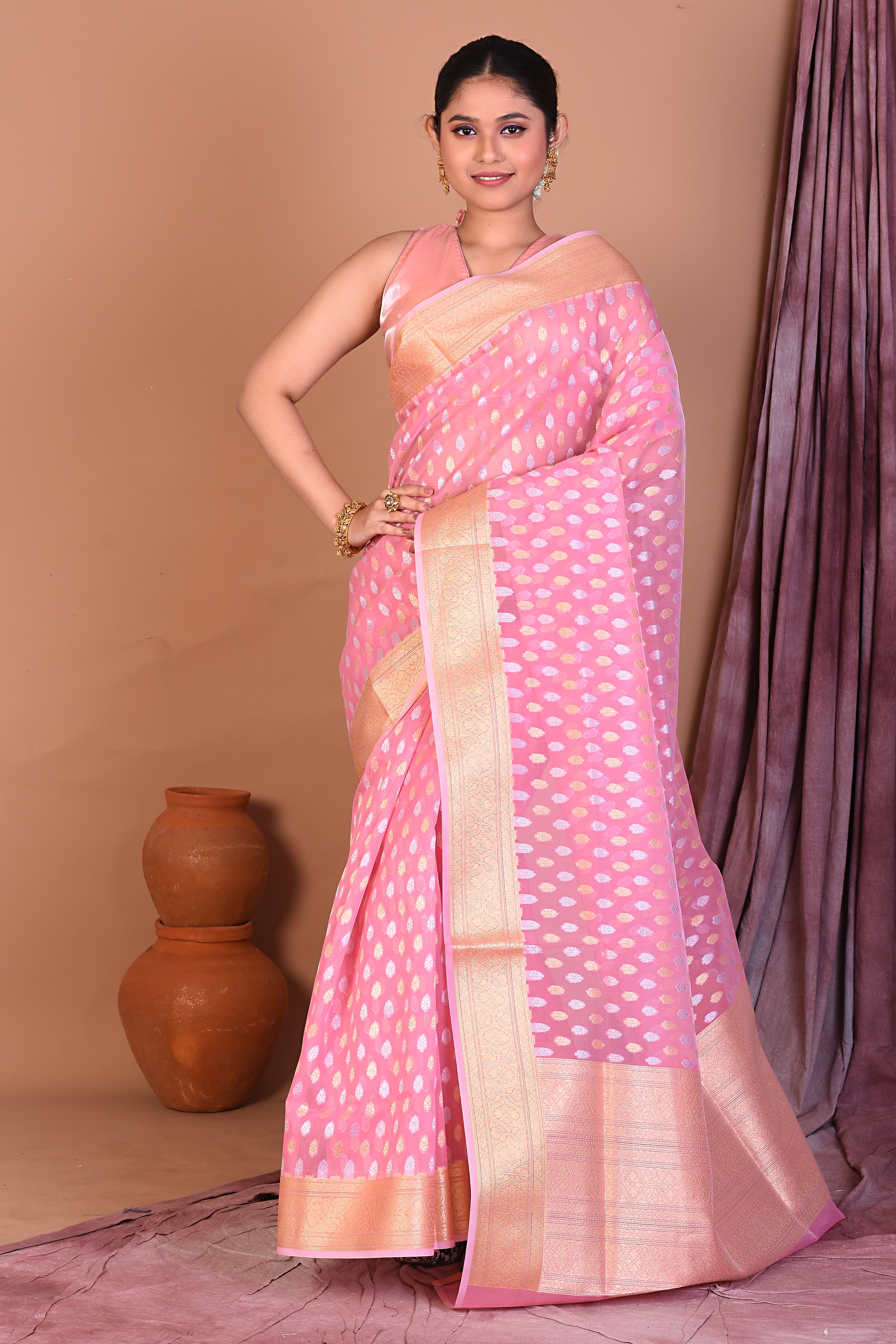 Light Pink Blended Tissue Saree with Golden Zari - Keya Seth Exclusive