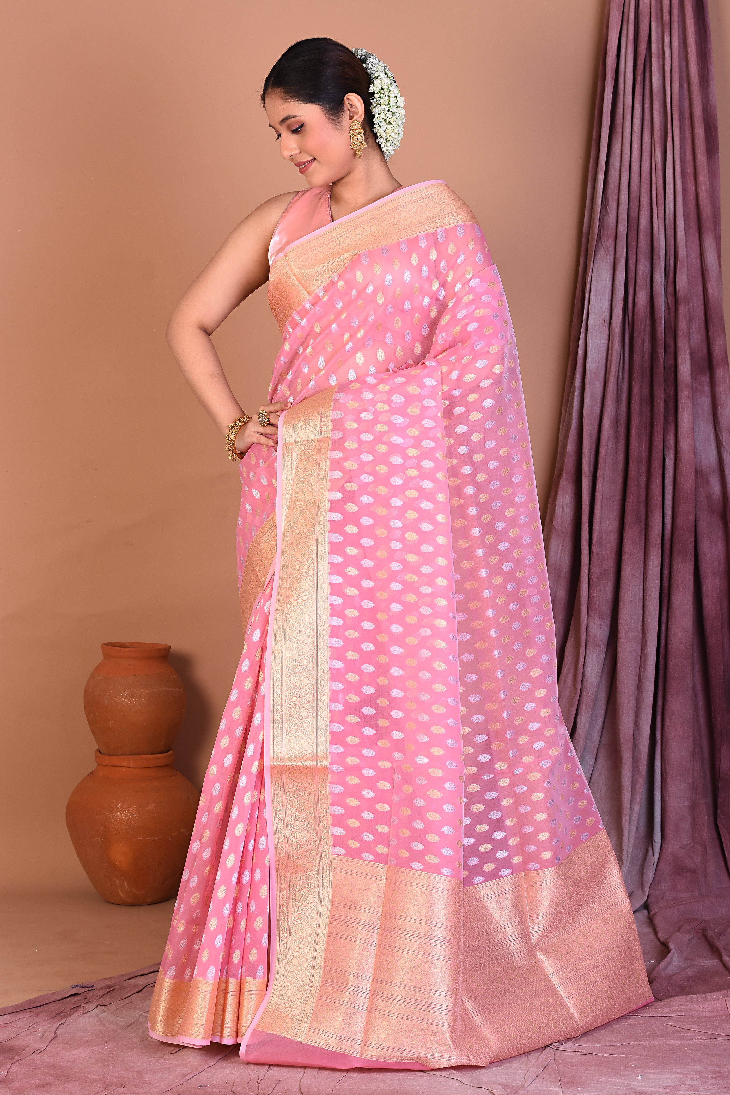 Light Pink Blended Tissue Saree with Golden Zari - Keya Seth Exclusive