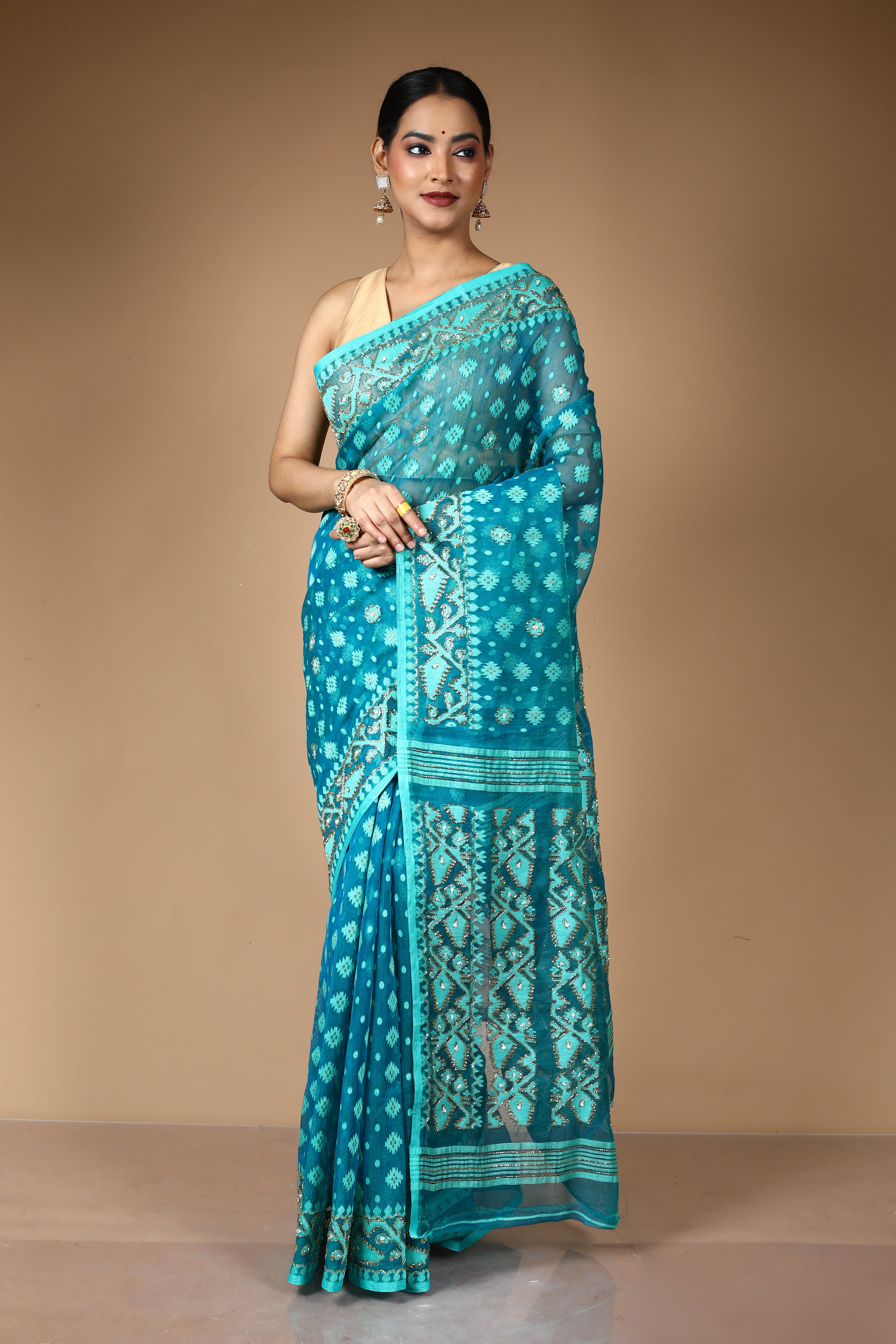 Blue Jamdani Saree with Cutdana Work