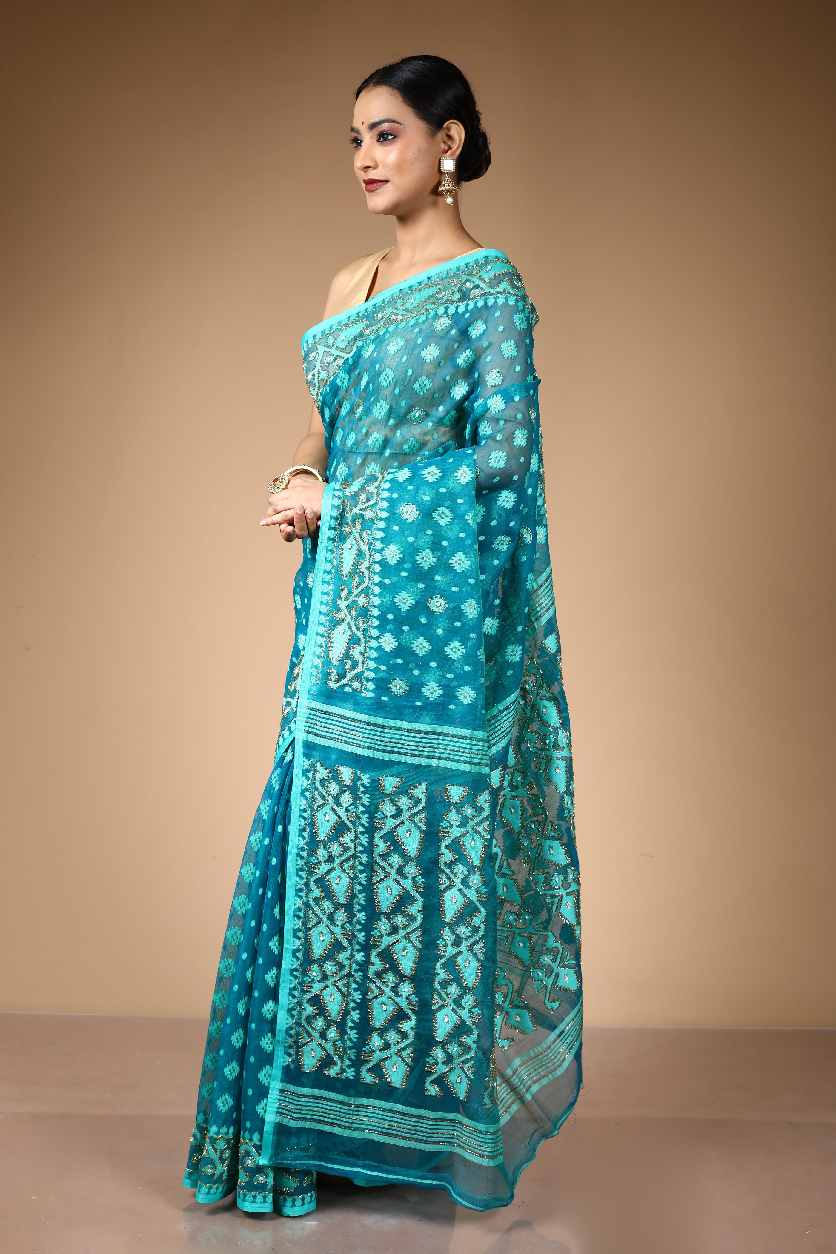 Blue Jamdani Saree with Cutdana Work