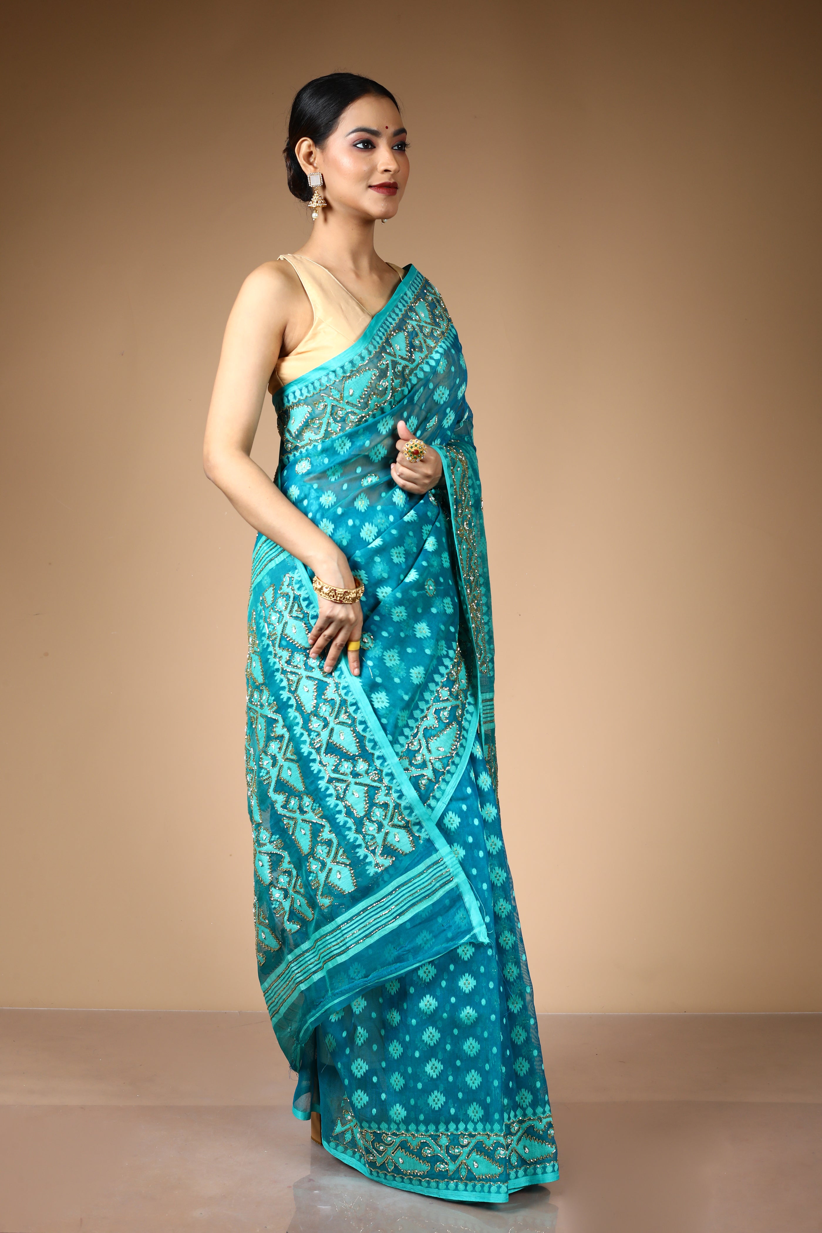 Blue Jamdani Saree with Cutdana Work