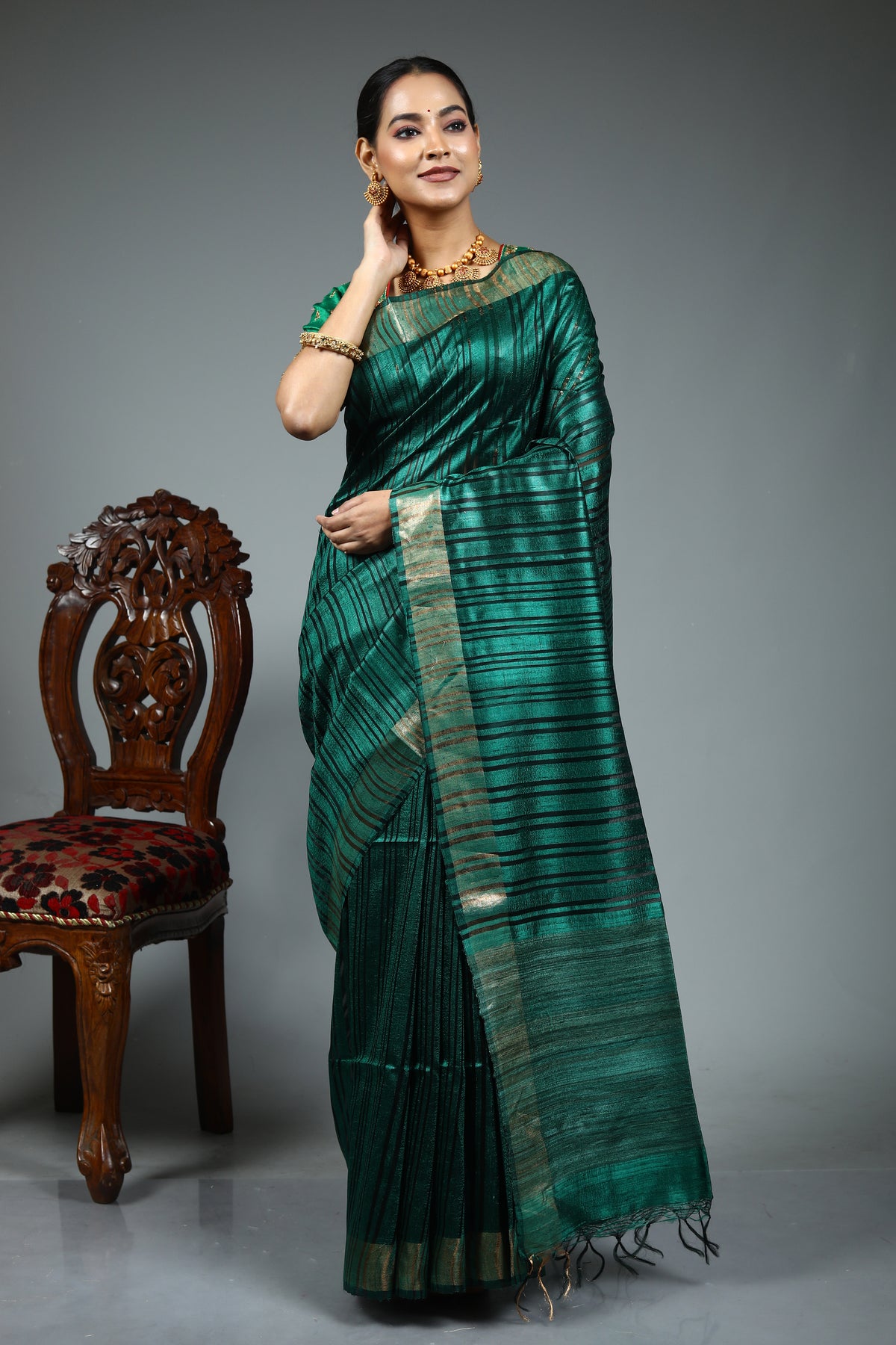 Bottle Green Tussar Saree
