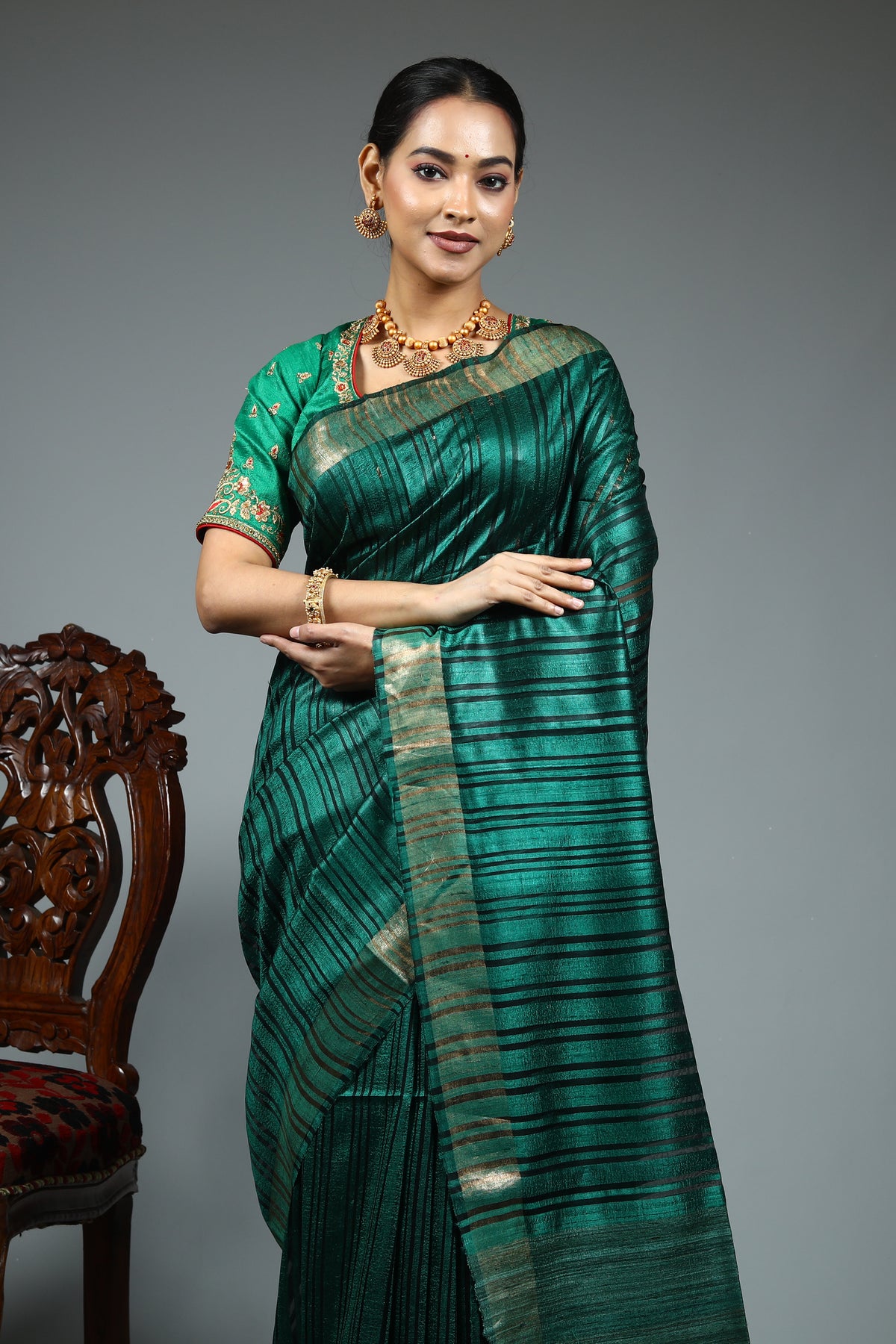 Bottle Green Tussar Saree