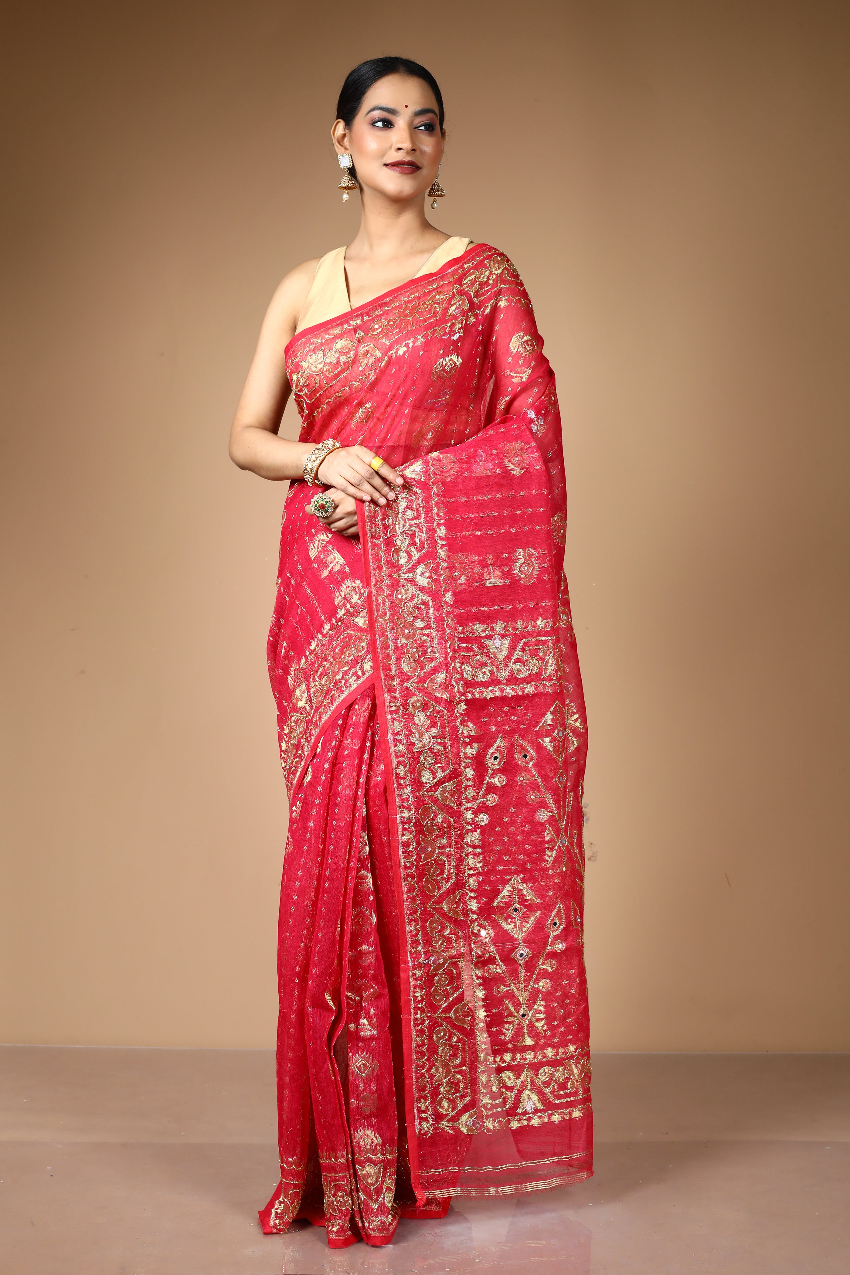 Red Jamdani Saree with Cutdana Work