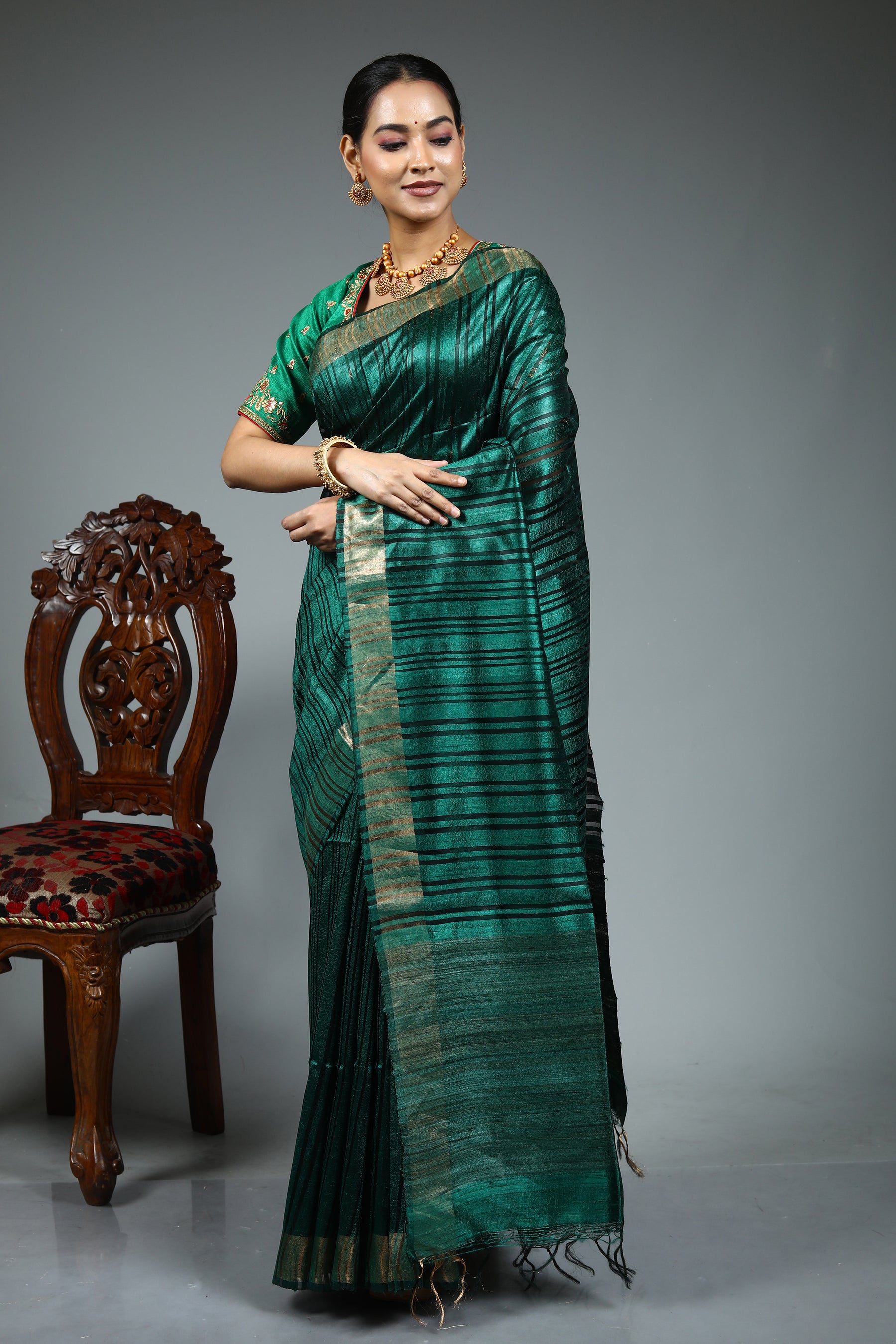 Bottle Green Tussar Saree