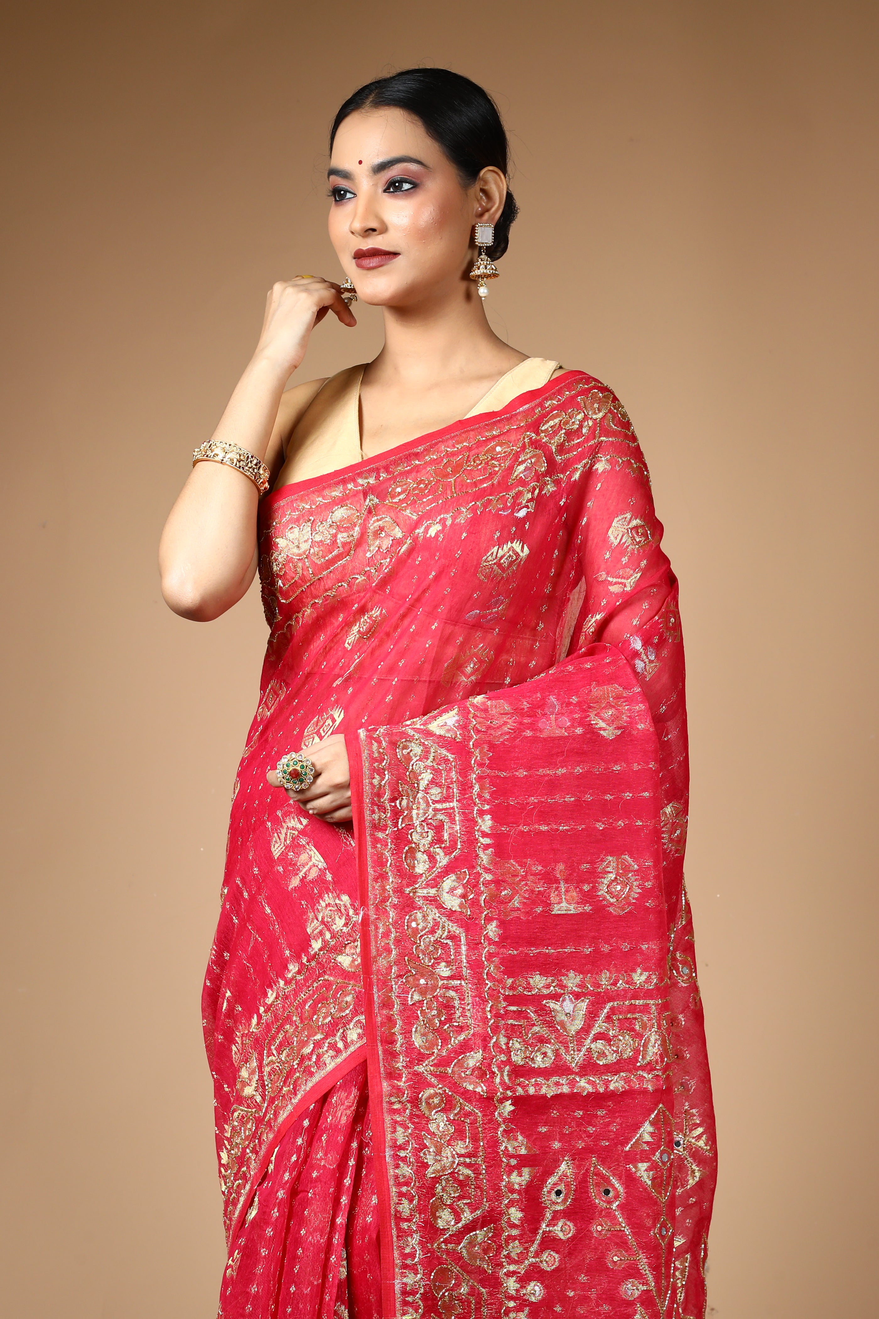 Red Jamdani Saree with Cutdana Work
