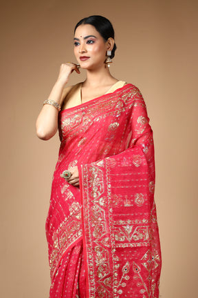 Red Jamdani Saree with Cutdana Work