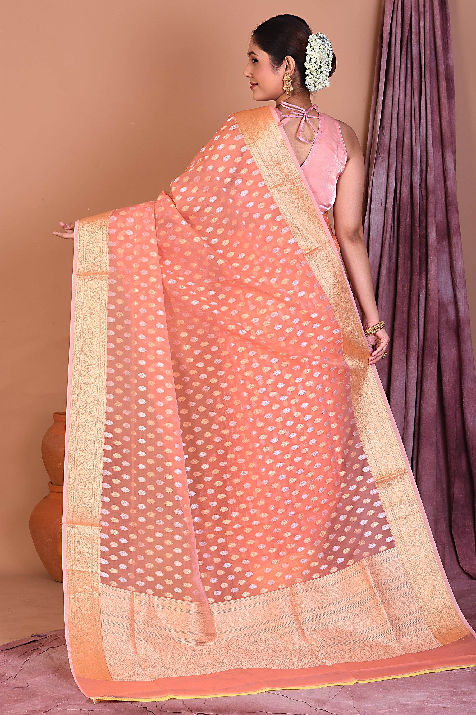 Orange Blended Tissue Saree with Golden Zari - Keya Seth Exclusive