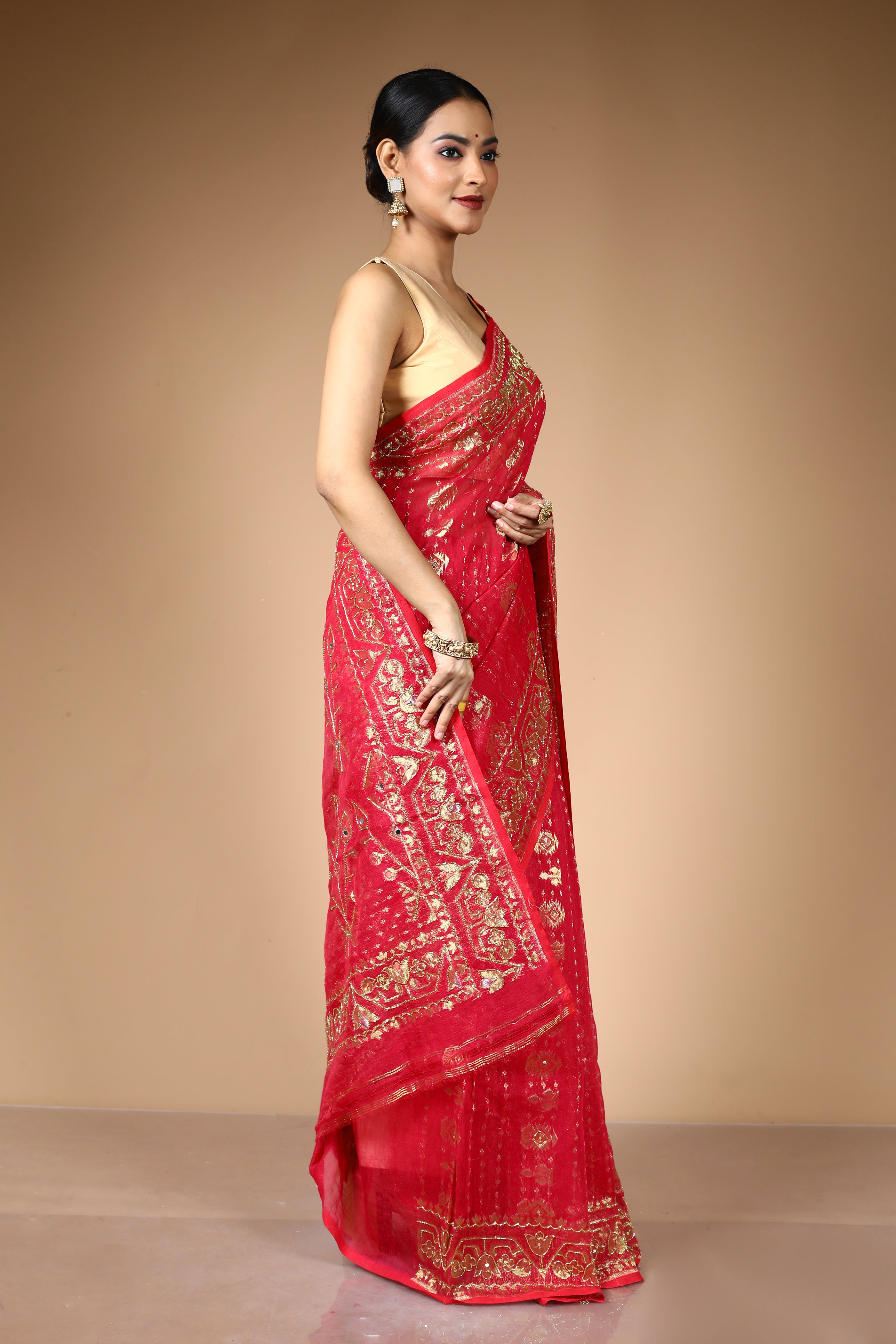 Red Jamdani Saree with Cutdana Work