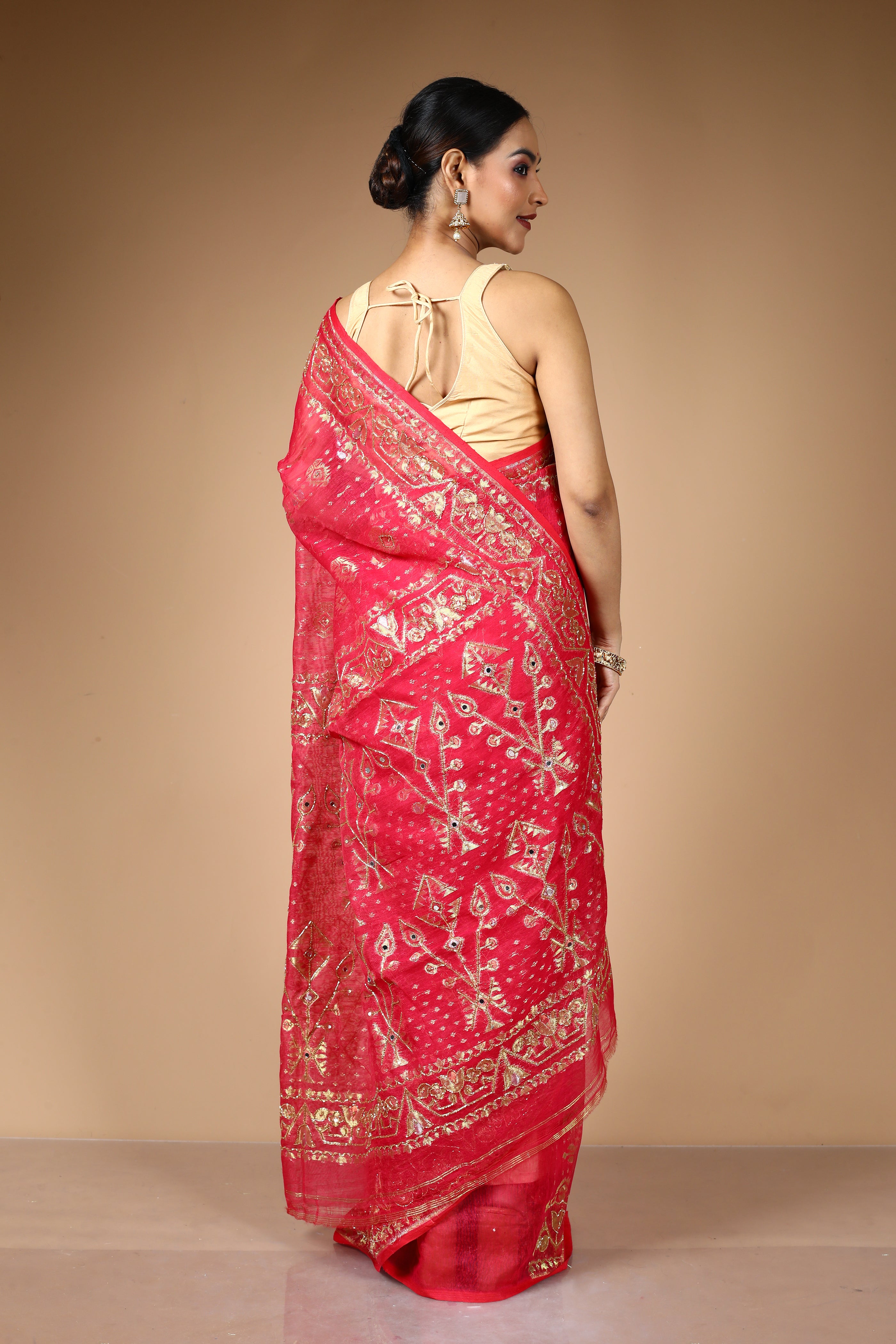 Red Jamdani Saree with Cutdana Work