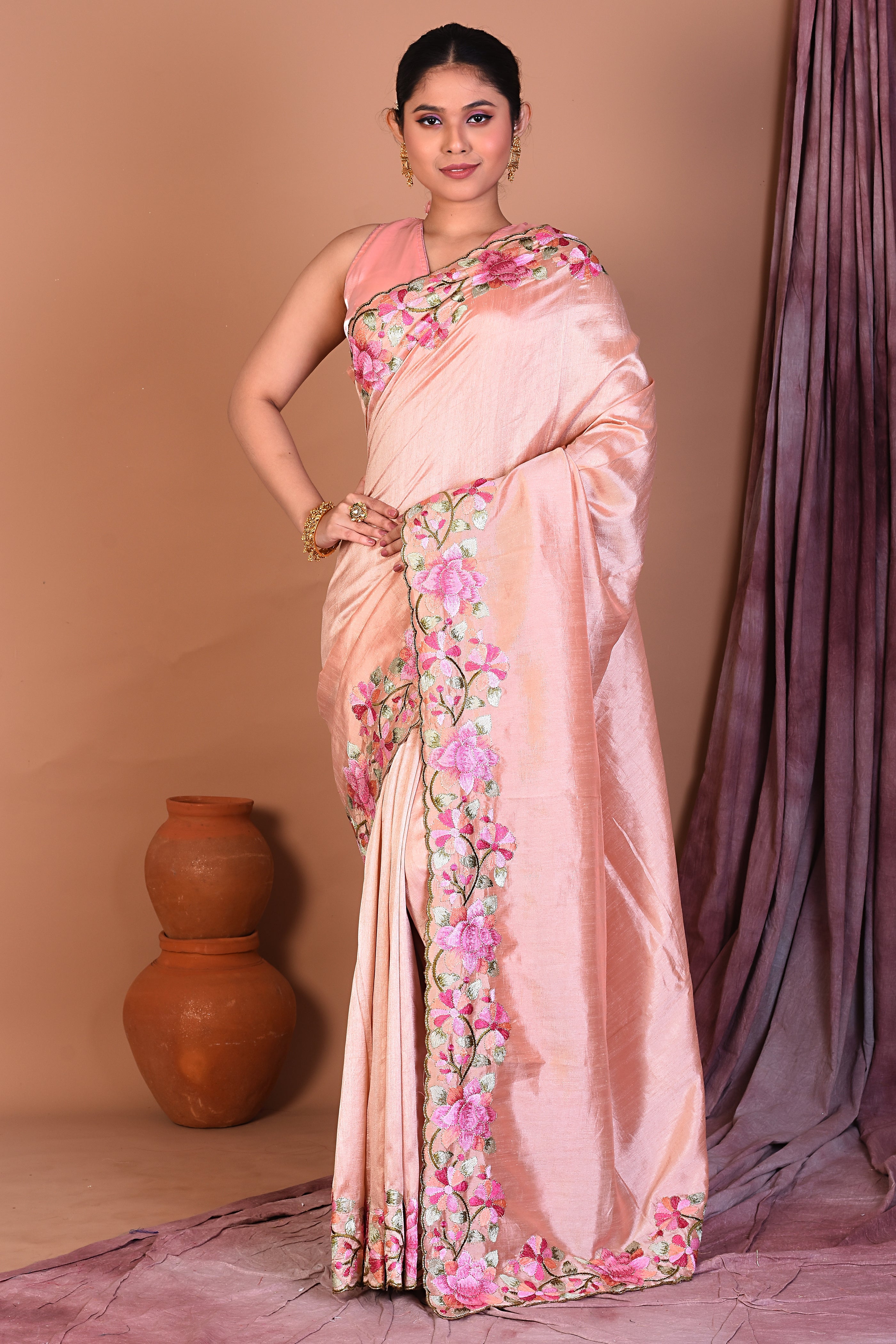 Off-white Blended Chiffon Saree with Threadwork - Keya Seth Exclusive