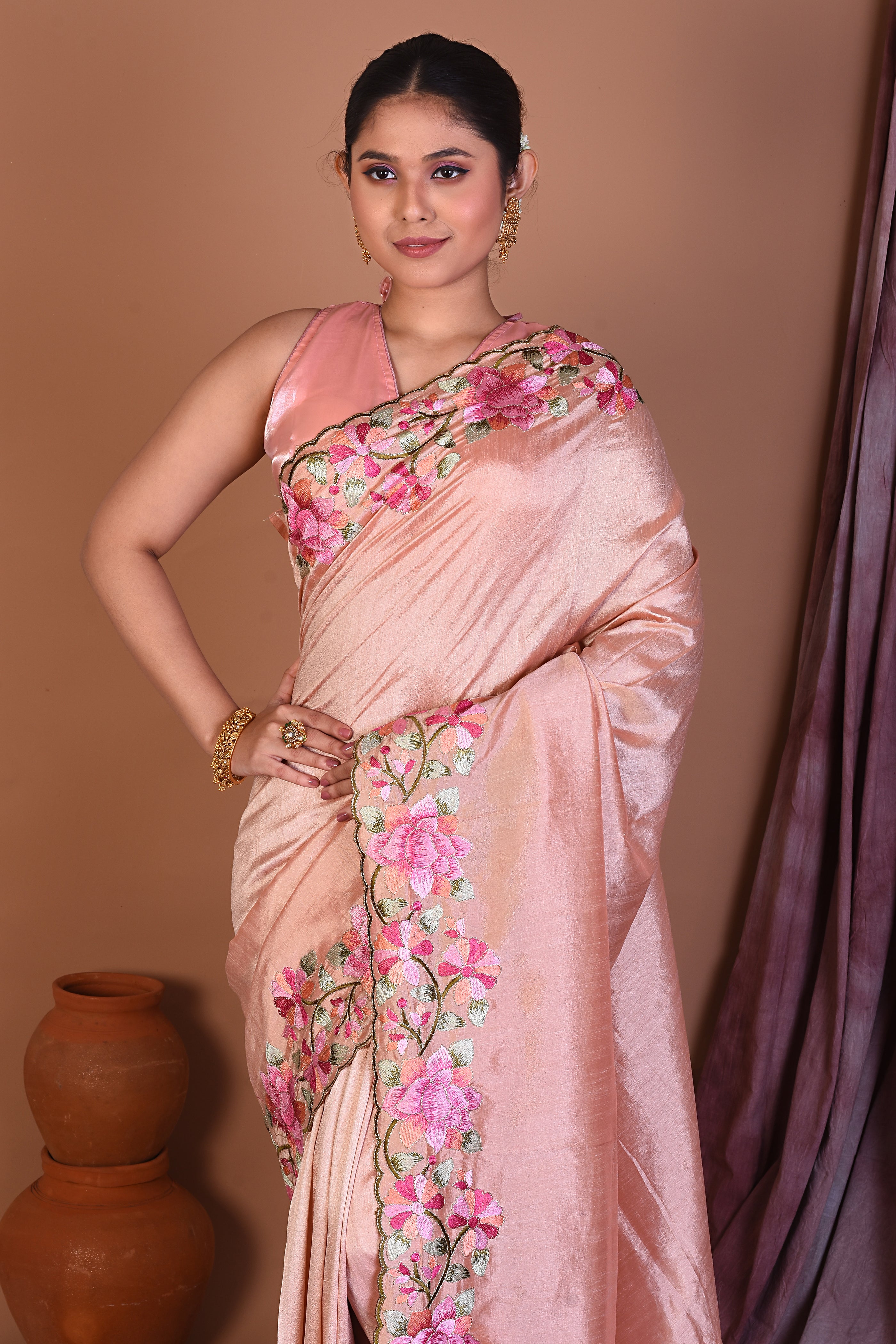 Off-white Blended Chiffon Saree with Threadwork - Keya Seth Exclusive