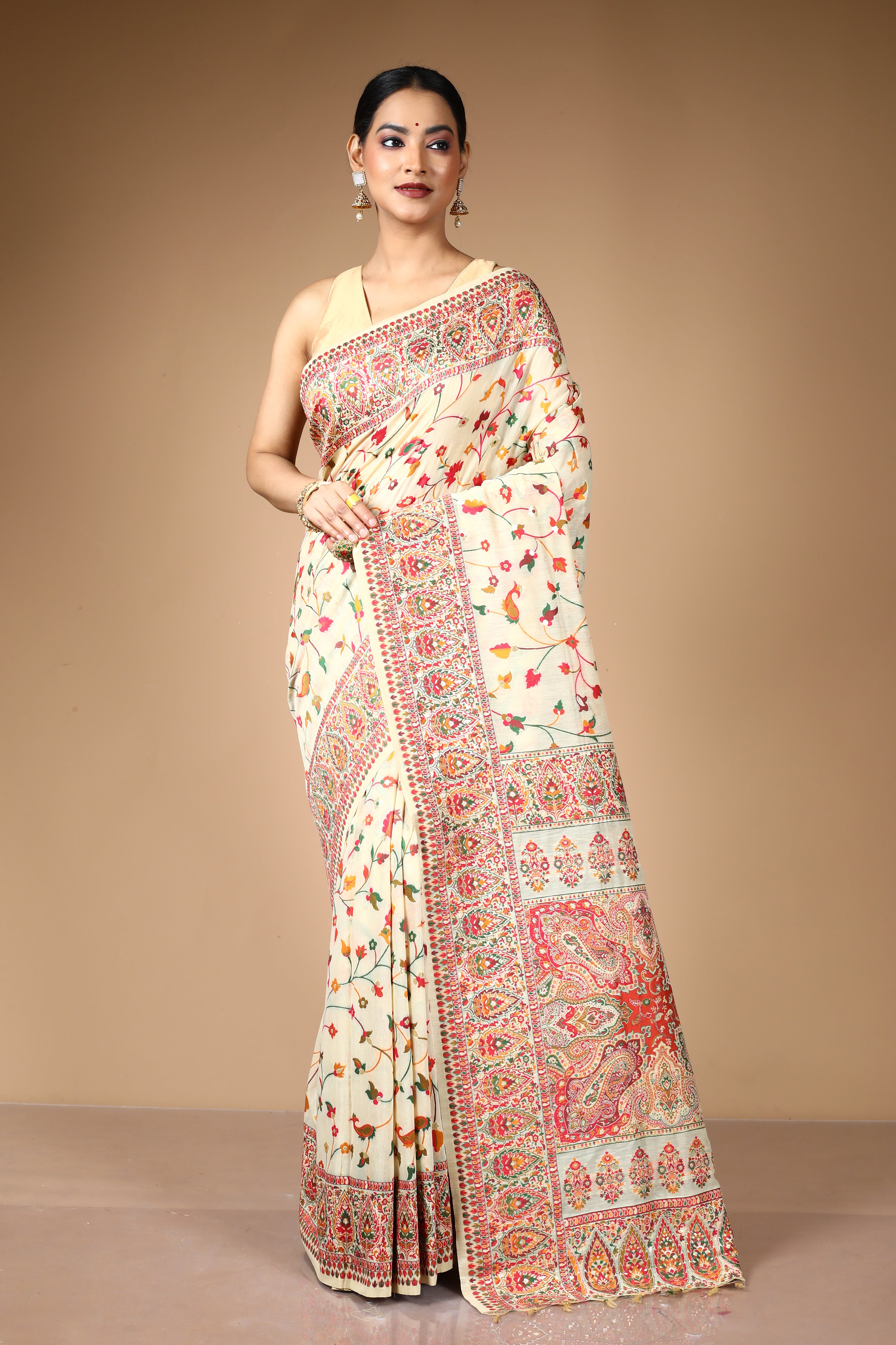 Beige Pure Silk Saree with Threadwork