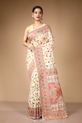 Beige Pure Silk Saree with Threadwork