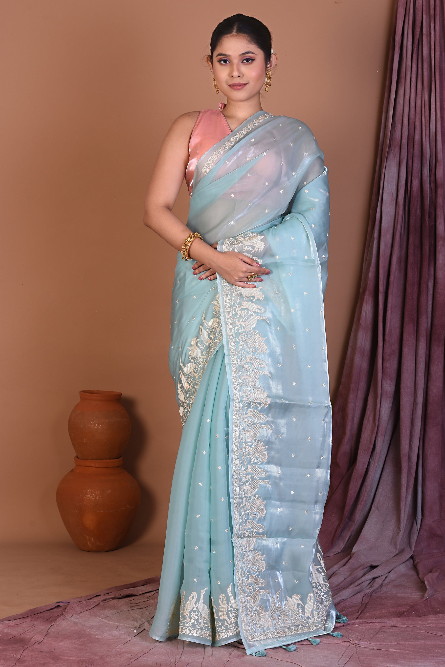 Sky Blue Blended Organza Saree - Keya Seth Exclusive