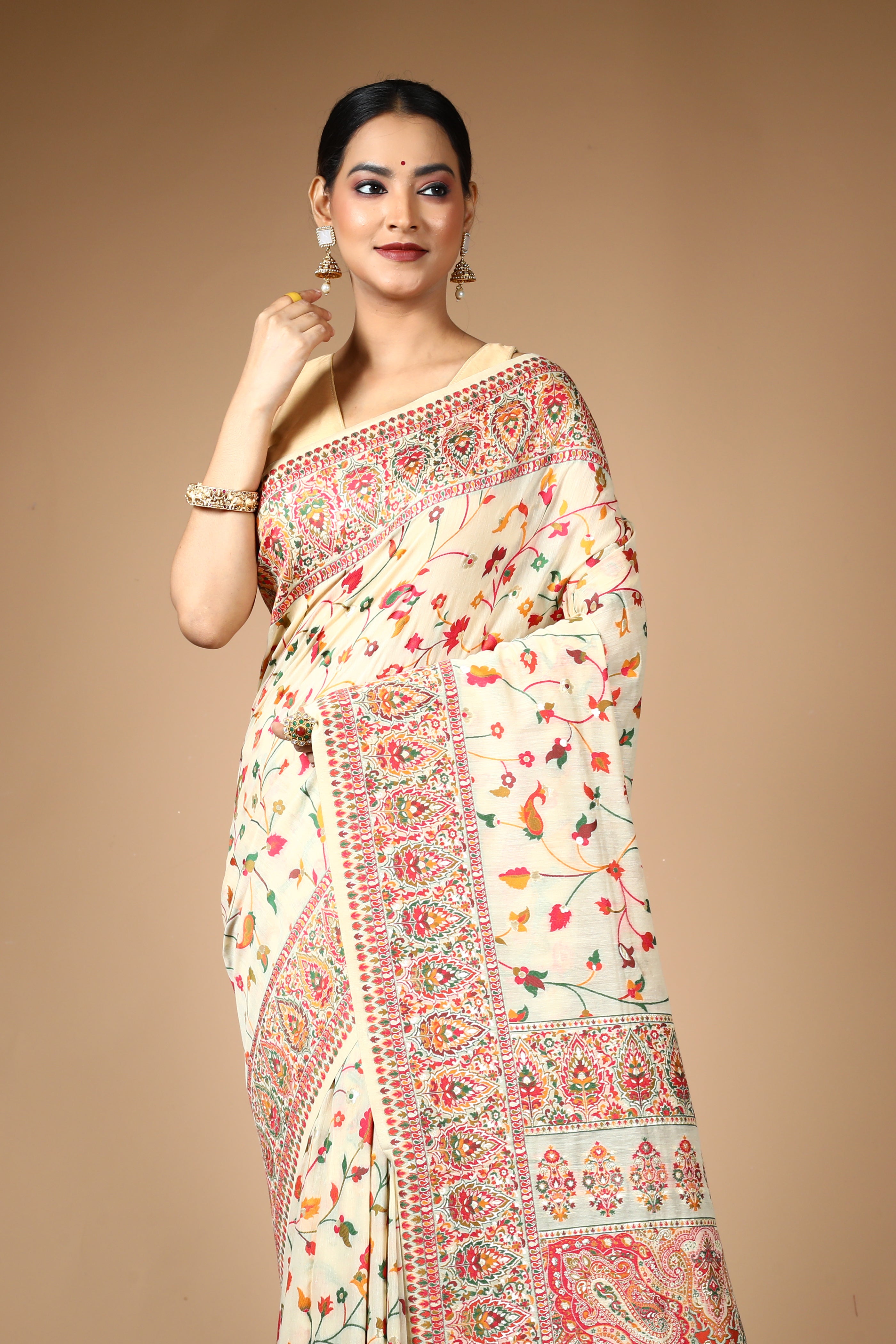 Beige Pure Silk Saree with Threadwork