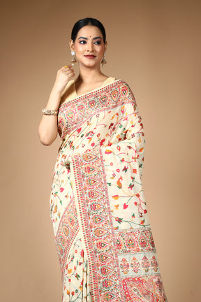 Beige Pure Silk Saree with Threadwork