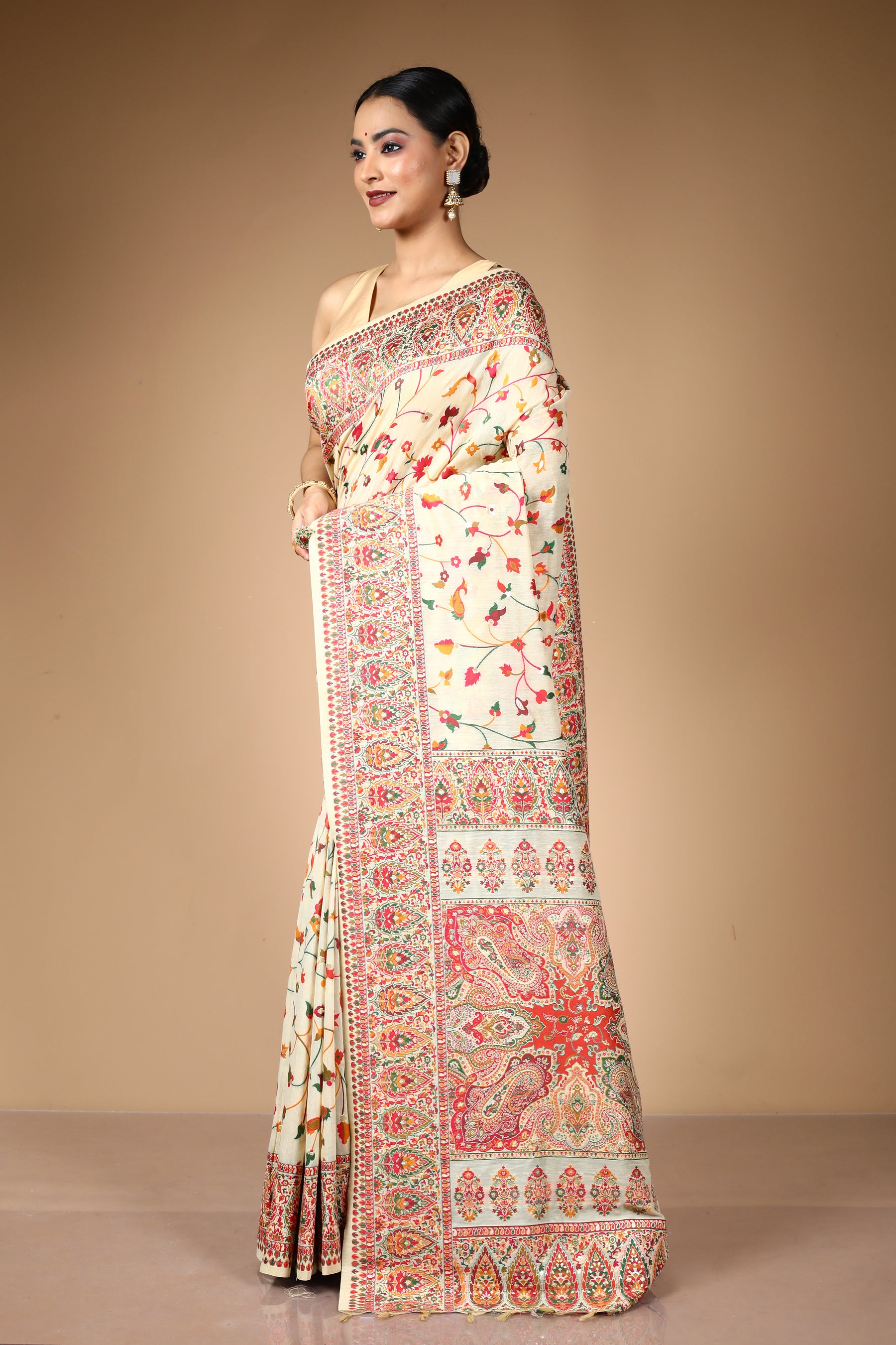Beige Pure Silk Saree with Threadwork