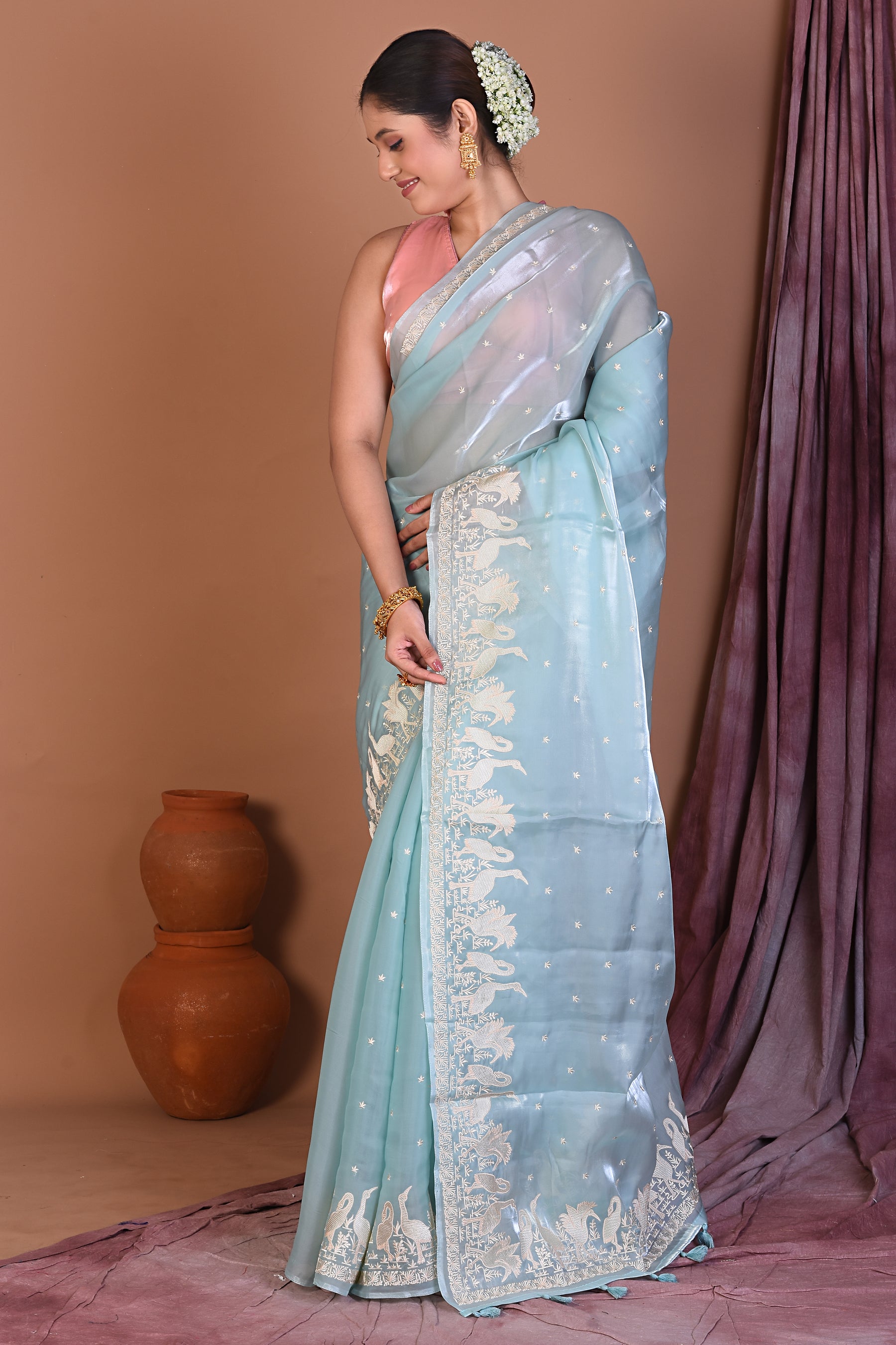 Sky Blue Blended Organza Saree - Keya Seth Exclusive