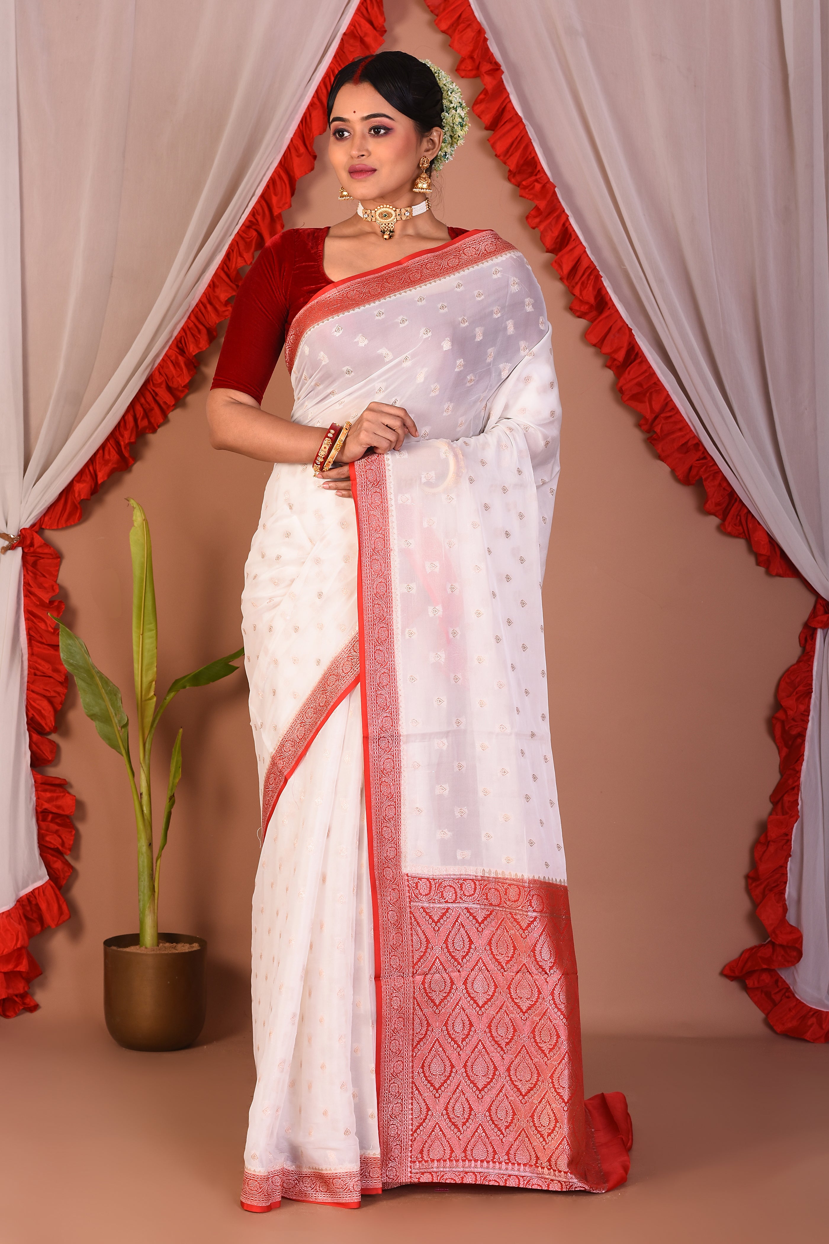 White Blended Silk Saree - Keya Seth Exclusive