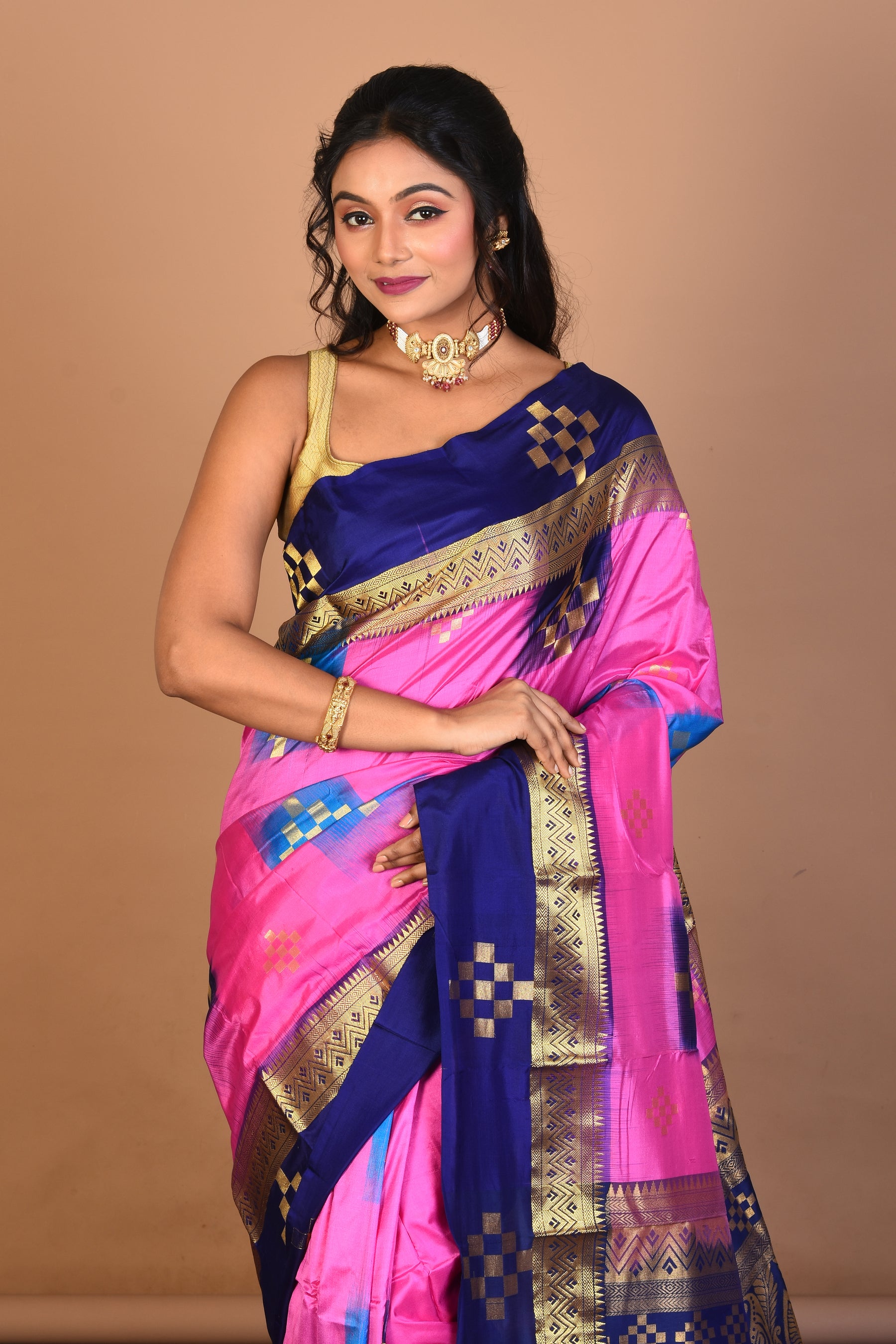 Pink Checkered Pure Silk Saree with Blouse Piece - Keya Seth Exclusive