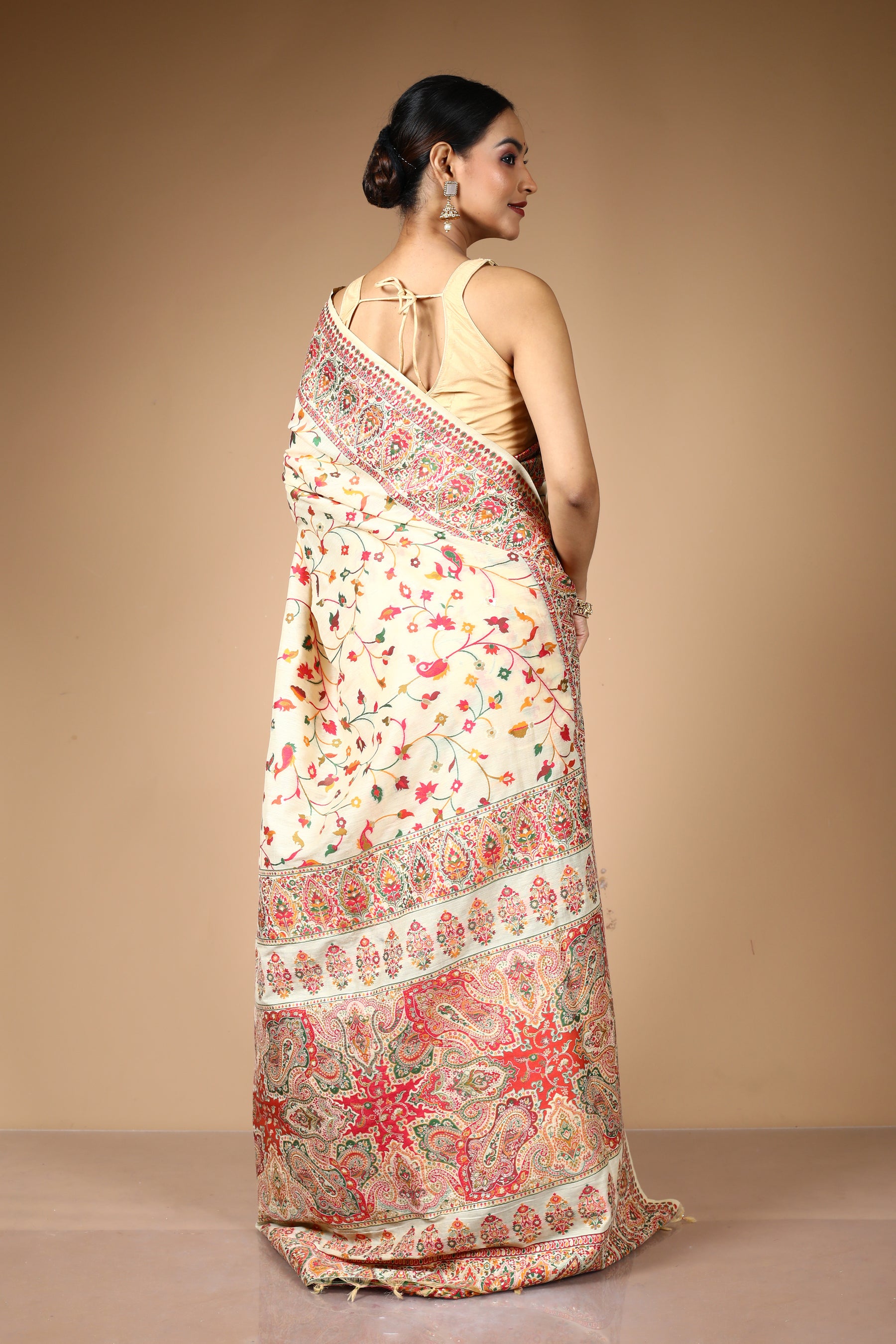 Beige Pure Silk Saree with Threadwork
