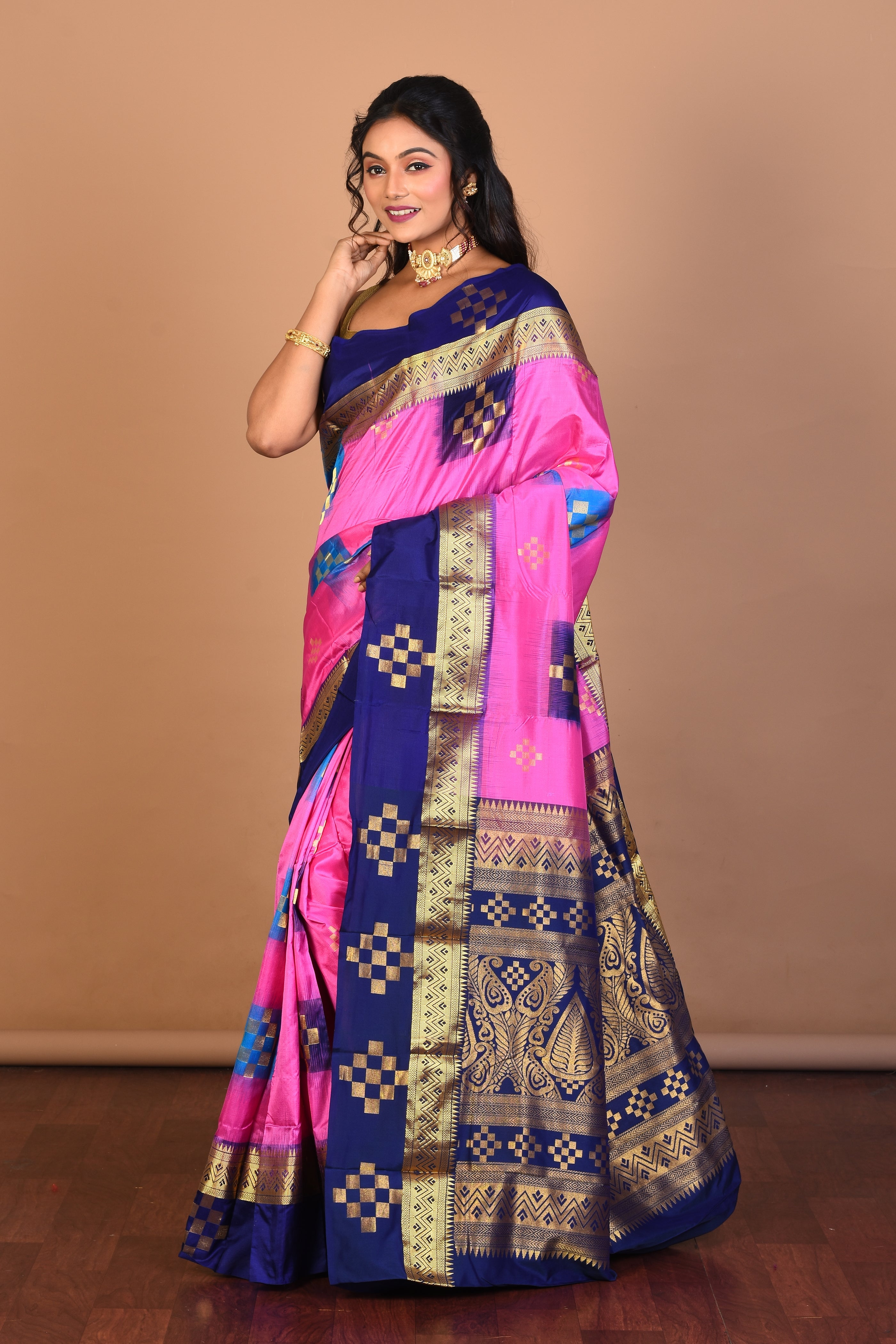 Pink Checkered Pure Silk Saree with Blouse Piece - Keya Seth Exclusive