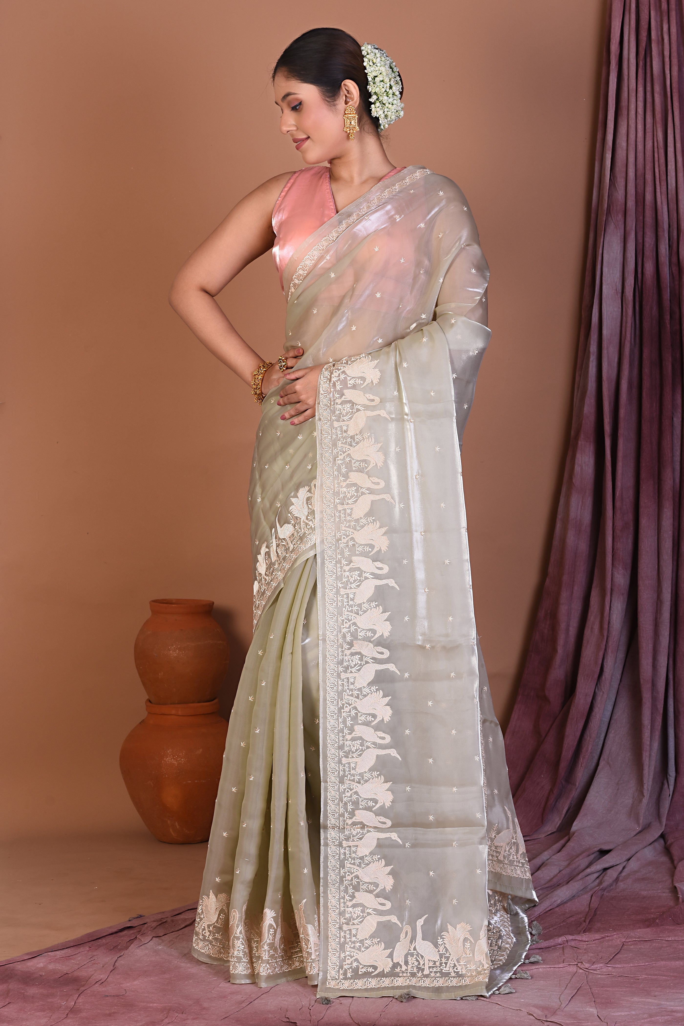 Light Green Blended Organza Saree - Keya Seth Exclusive