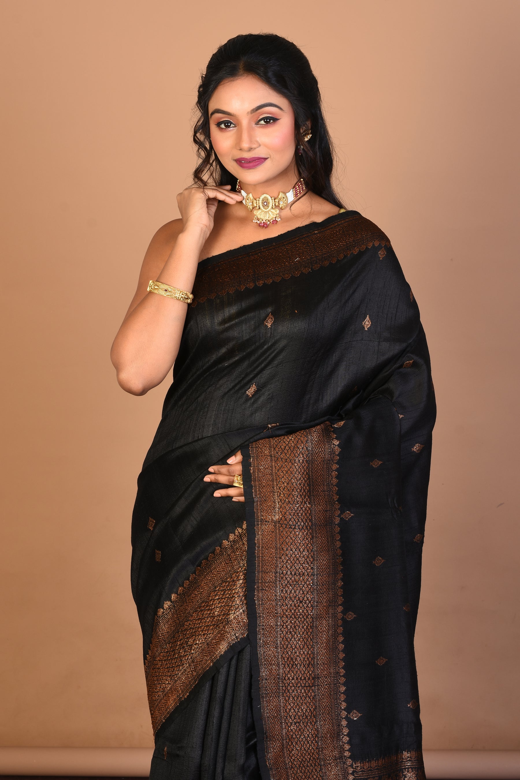 Black Pure Raw Silk Saree with Blouse Piece - Keya Seth Exclusive