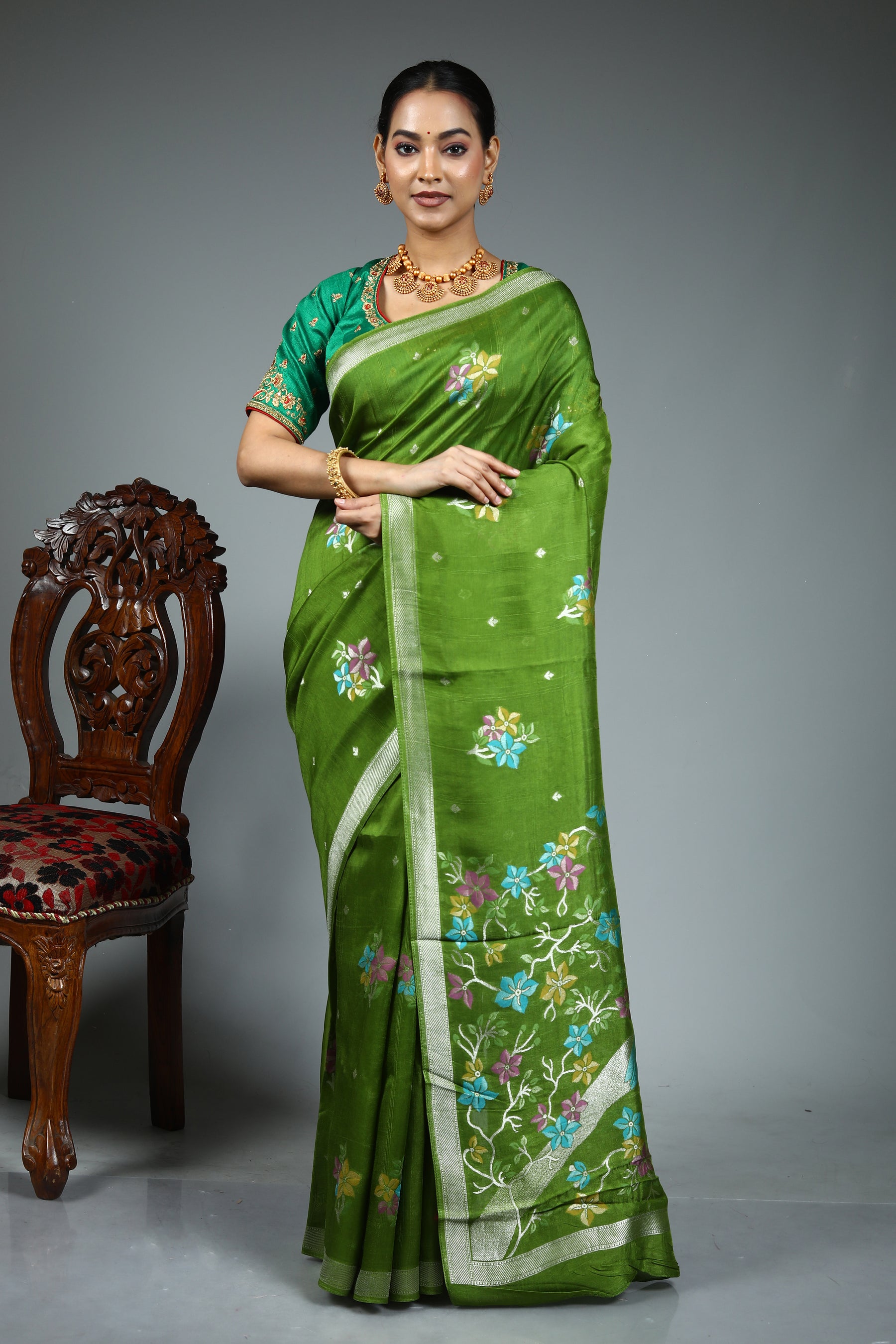 Green Blended Satin Silk Saree