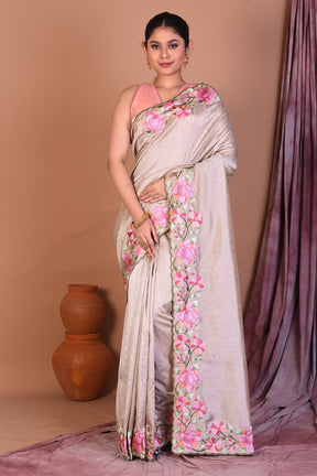 Beige Blended Chiffon Saree with Threadwork - Keya Seth Exclusive