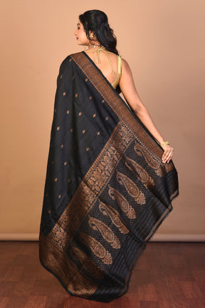 Black Pure Raw Silk Saree with Blouse Piece - Keya Seth Exclusive