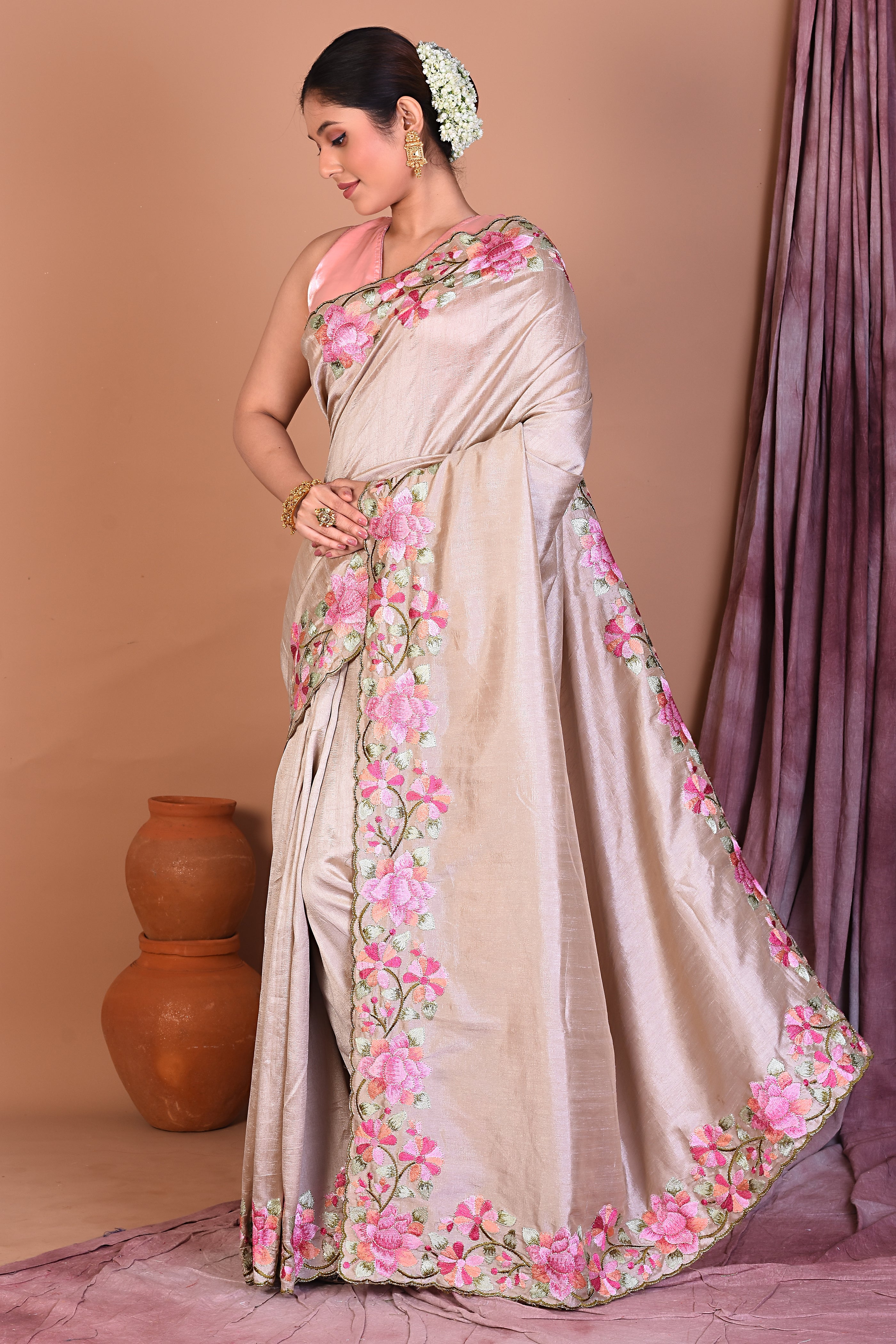 Beige Blended Chiffon Saree with Threadwork - Keya Seth Exclusive