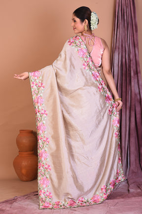 Beige Blended Chiffon Saree with Threadwork - Keya Seth Exclusive