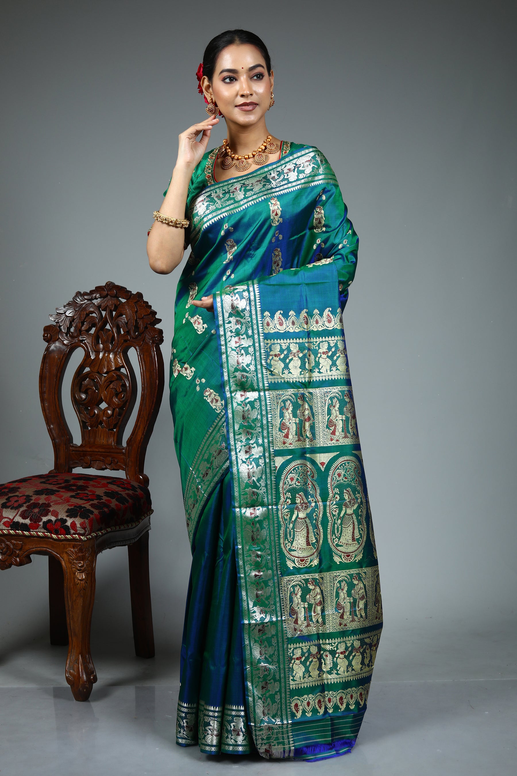 Green Dual Tone Pure Baluchari Saree